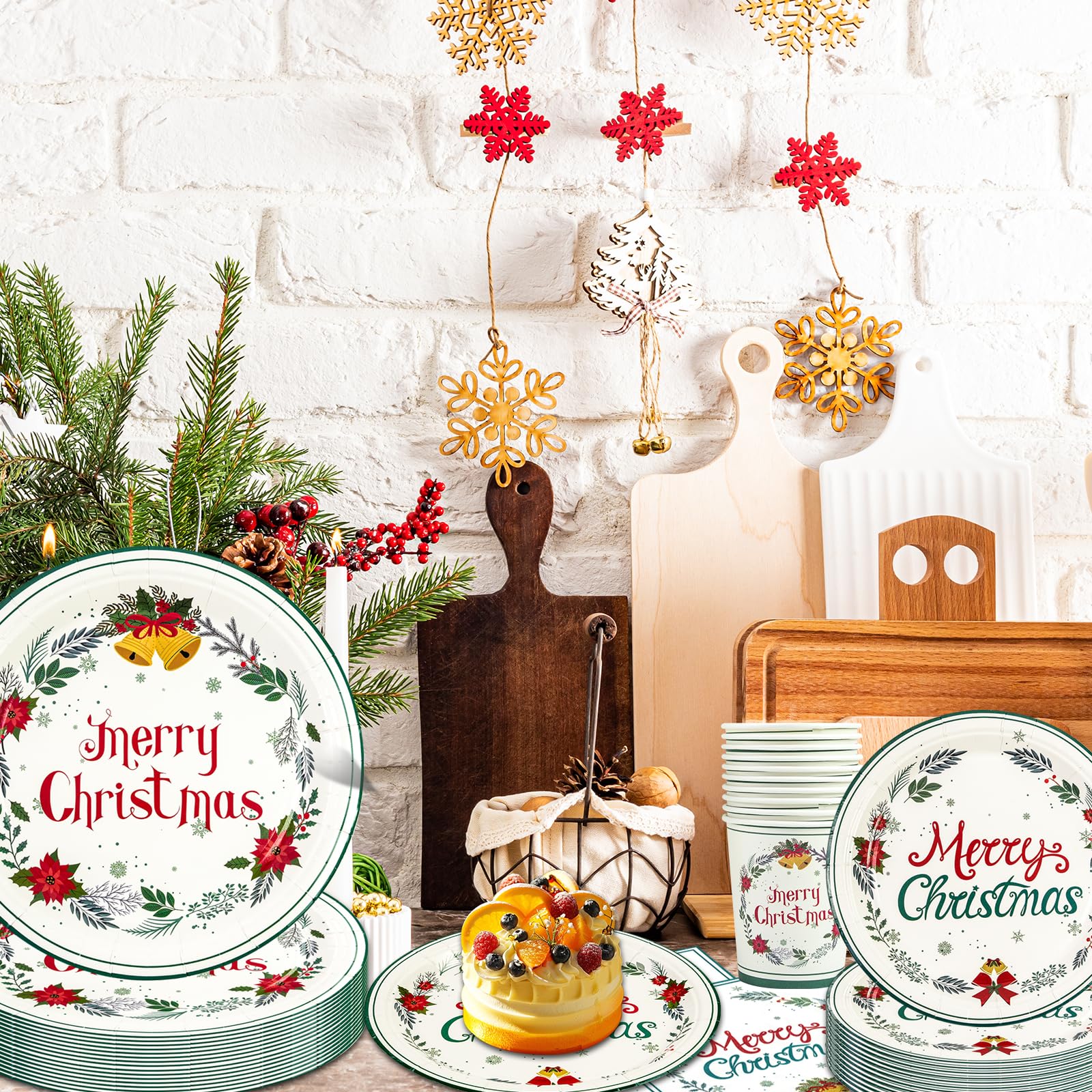 EVYIENEN 200 PCS Christmas Paper Plates and Napkins,Xmas Poinsettia Flower Tree Disposable Dinner Plates Party Dessert Plates for Christma Xmas Winter Party Supplies,Serves 50