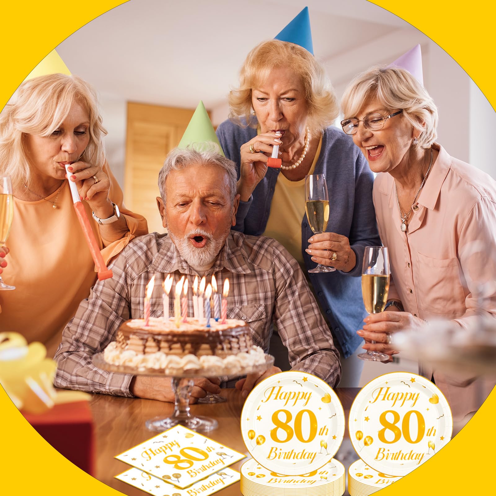 EVYIENEN 50PCS 80th Happy Birthday Plates and Napkins,7 Inch Premium Wihte and Gold Birthday Dessert Cake Plates Party and Cocktail Napkin for Men and Women Table Anniversary Decoration