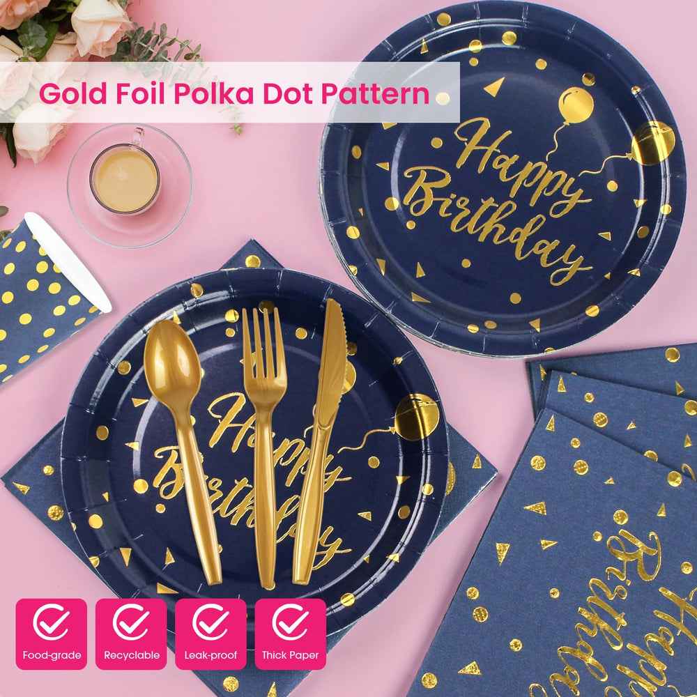 168PCS Happy Birthday Blue and Gold Party Supplies,Disposable Party Decorations Paper Plates Napkins Cups Plastic Forks Knives Spoons for Birthday New Year Wedding,Serve 24 — image 3