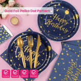 168PCS Happy Birthday Blue and Gold Party Supplies,Disposable Party Decorations Paper Plates Napkins Cups Plastic Forks Knives Spoons for Birthday New Year Wedding,Serve 24