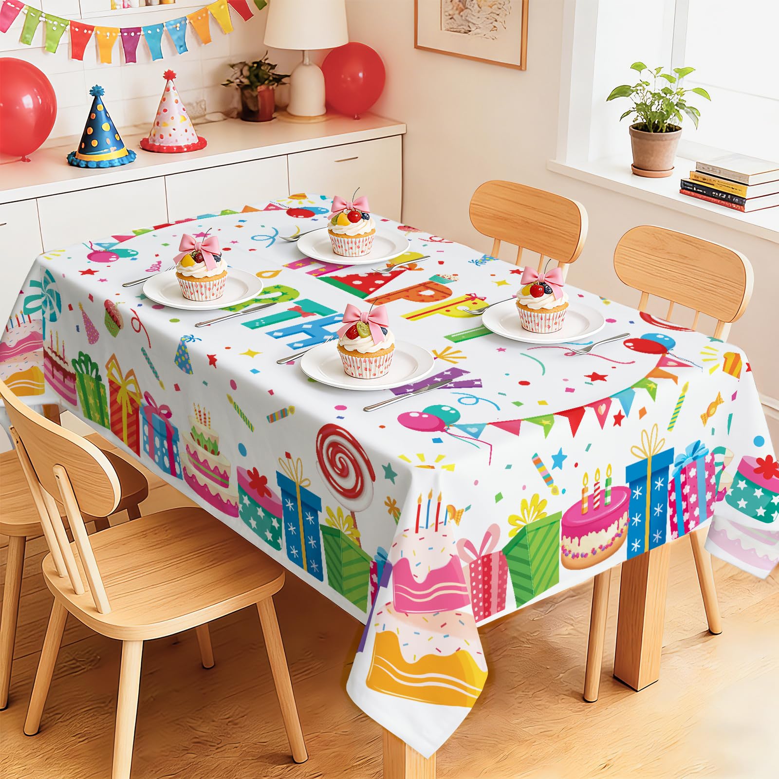 hometrixx Birthday Table Cloth Rectangle Happy Birthday Gifts Cake Washable Wipeable Polyester Table Cover Stain Wrinkle Resistant Oil Proof Kitchen Decor for Party Dinner Picnic,60x84inch White