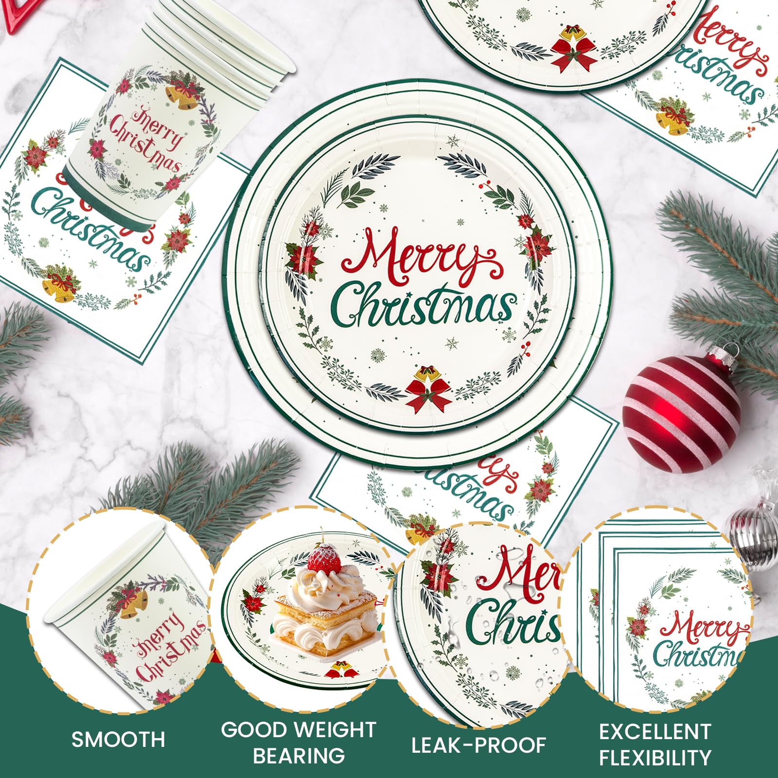 EVYIENEN 200 PCS Christmas Paper Plates and Napkins,Xmas Poinsettia Flower Tree Disposable Dinner Plates Party Dessert Plates for Christma Xmas Winter Party Supplies,Serves 50