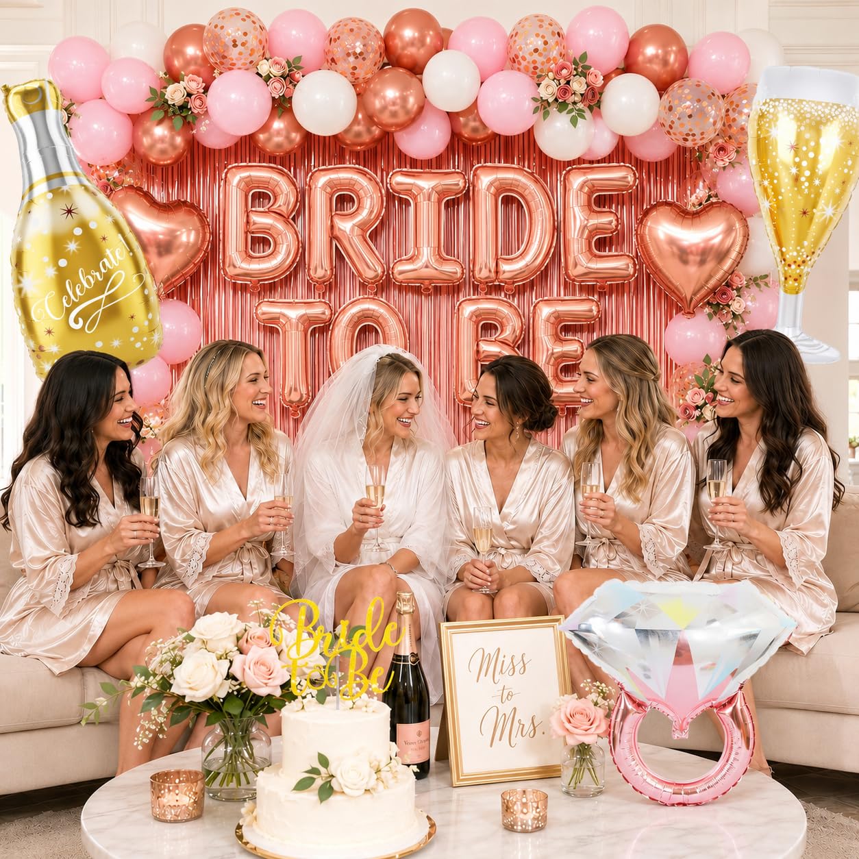 Rose Gold Bachelorette Party Decorations, Bride To Be Bridal Shower Balloons Banner Cake Topper, Pink White Gold Confetti Ring Champagne Bottle Glass Balloons Foil Curtains for Engagement Wedding
