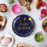EVYIENEN 50 Pack Disposable Paper Plates 7 inch Dark Blue Gold Happy Birthday Metallic Foil Polka Dots Dessert Party Plates for Graduation Birthday Cocktail Party Weddings Holiday Christmas