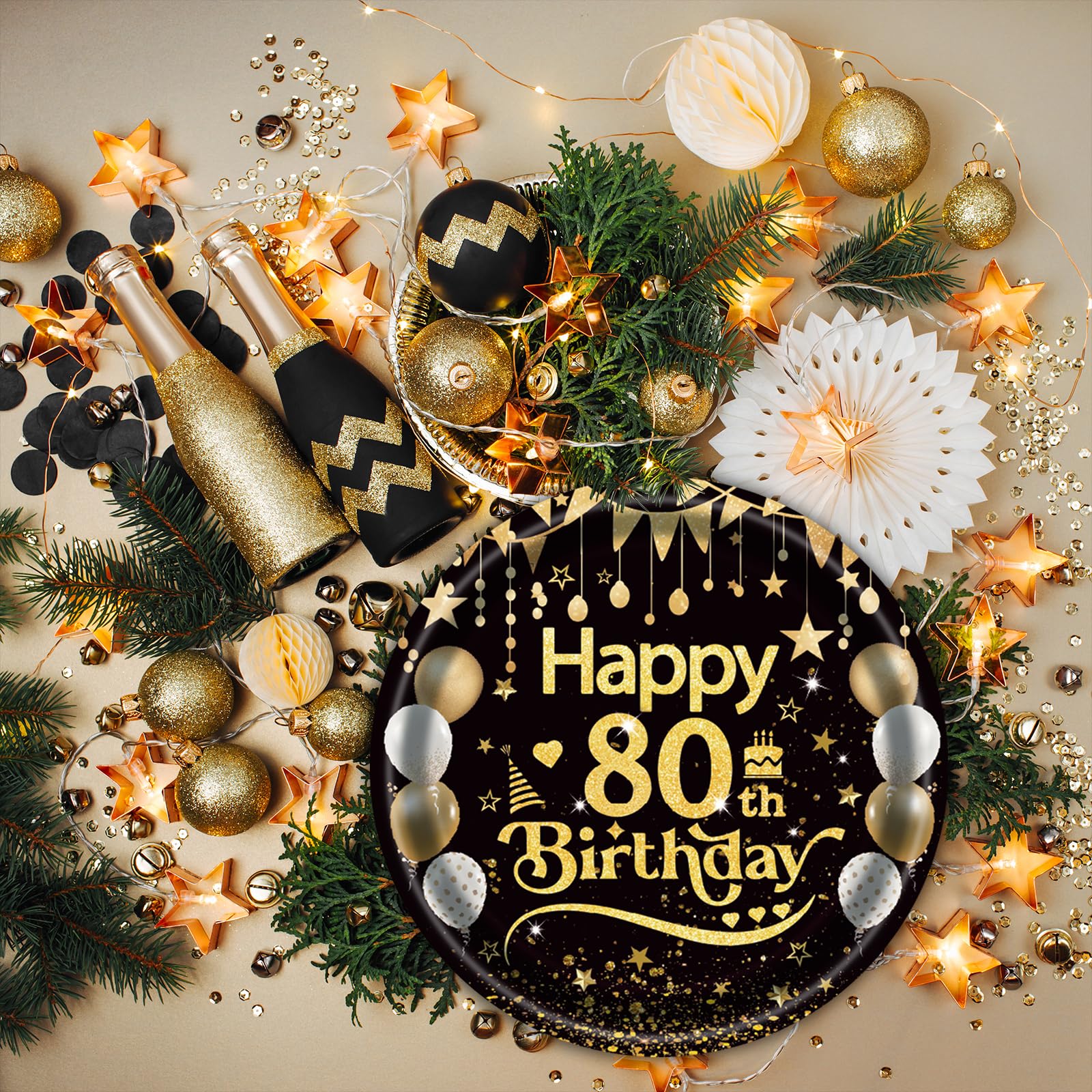 50Pcs 80th Birthday Paper Plates, 9 Inch Black and Gold Disposable Dessert Plates for Men and Women, 80th Birthday and Wedding Party