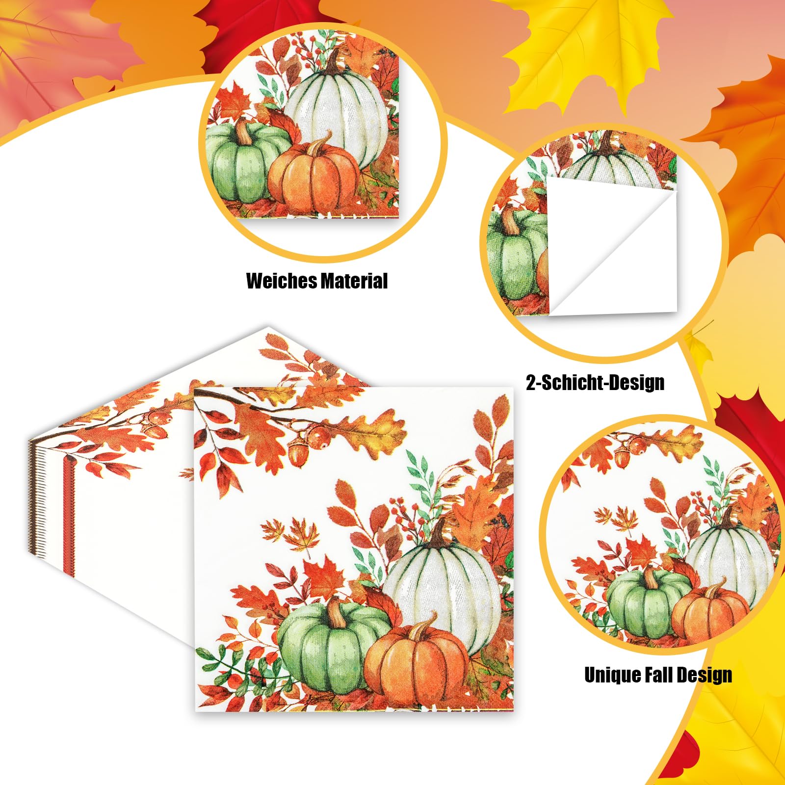 40 PCS Fall Pumpkin Paper Napkins Watercolor Autumn Luncheon Napkins Disposable Pumpkins Maple Leaves Party Napkin for Autumn Thanksgiving Harvest Home Kitchen Party Supplies, 6.5 x 6.5 Inch