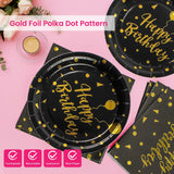 White and Gold Happy Birthday Dinner Plates and Napkins, 9 Inch Gold Foil Balloon Dessert Plates with Napkins for Birthday Party, Serves 25