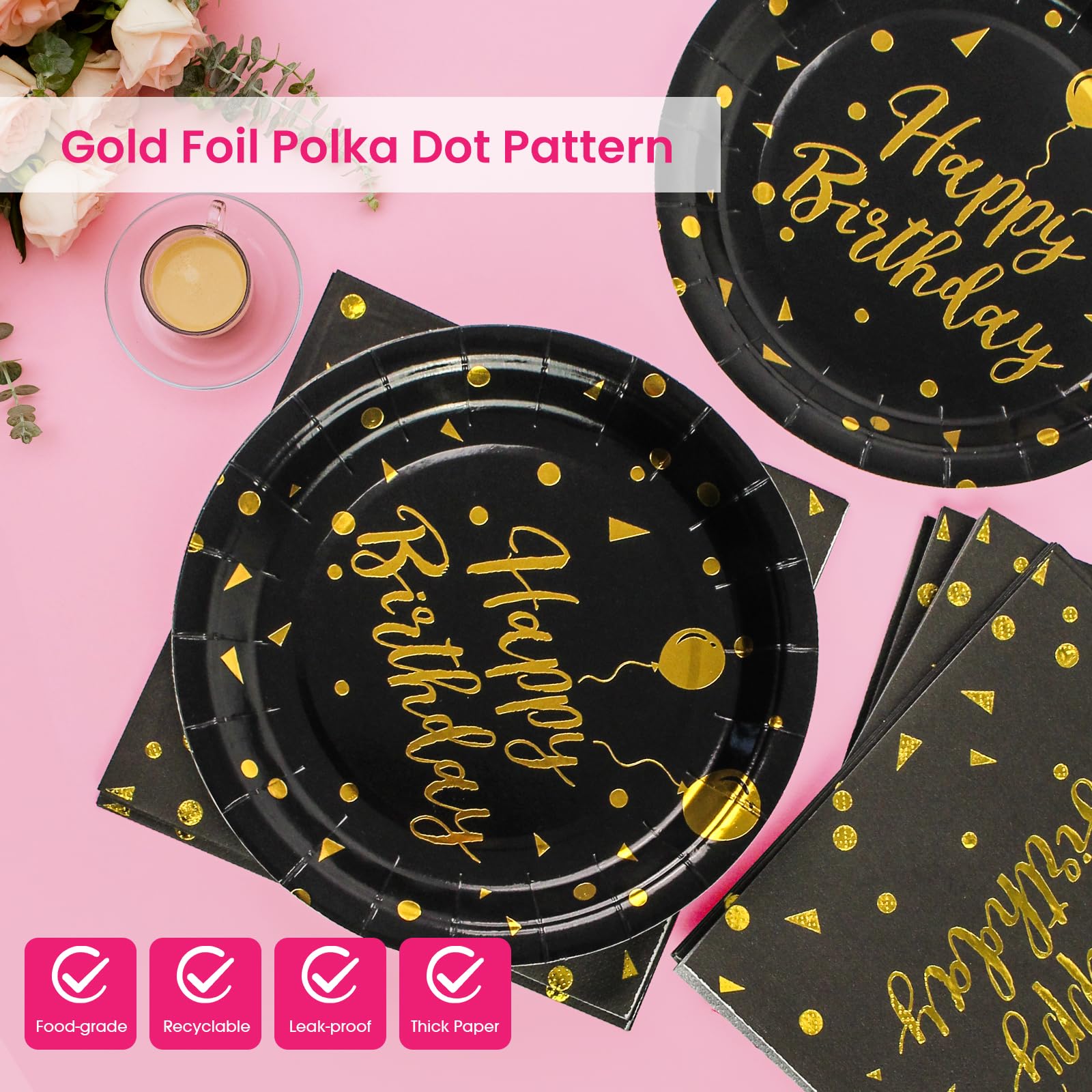 White and Gold Happy Birthday Dinner Plates and Napkins, 9 Inch Gold Foil Balloon Dessert Plates with Napkins for Birthday Party, Serves 25