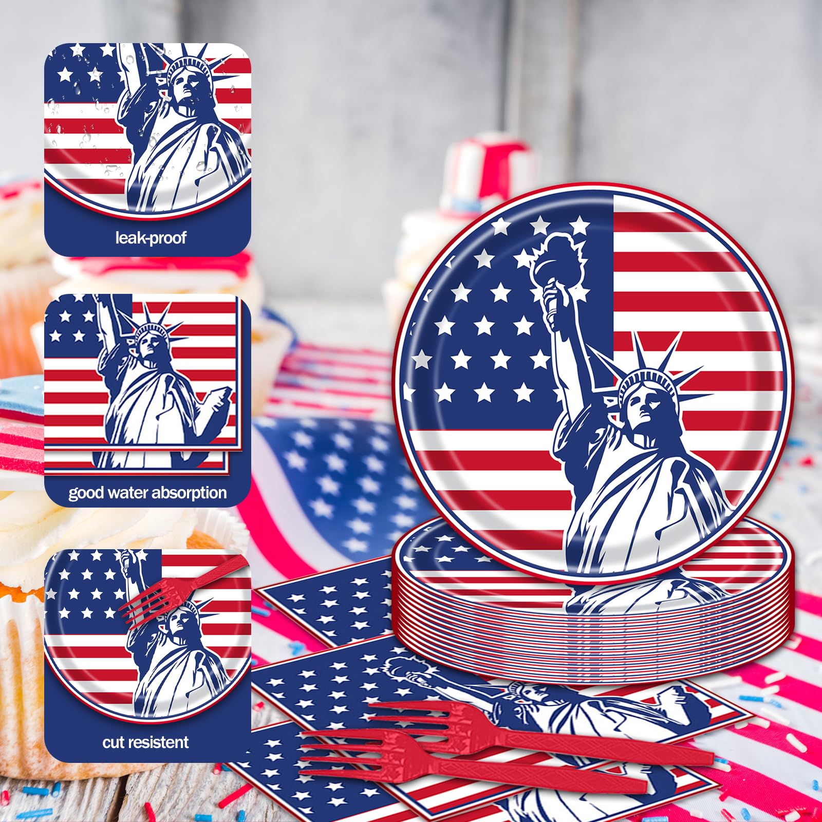 EVYIENEN 75Pcs 4th of July Plates and Napkins Party Supplies,7 Inch American Flag Patriotic Paper Plates and 6.5 Inch Napkins with 6.3 Inch Forks Disposable Tableware Set