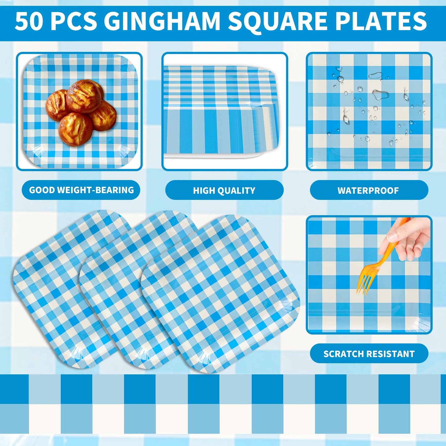 50PCS Red Gingham Square Paper Plates, 7-Inch Scalloped Edge Dessert Plates for Birthdays, Weddings & Baby Showers