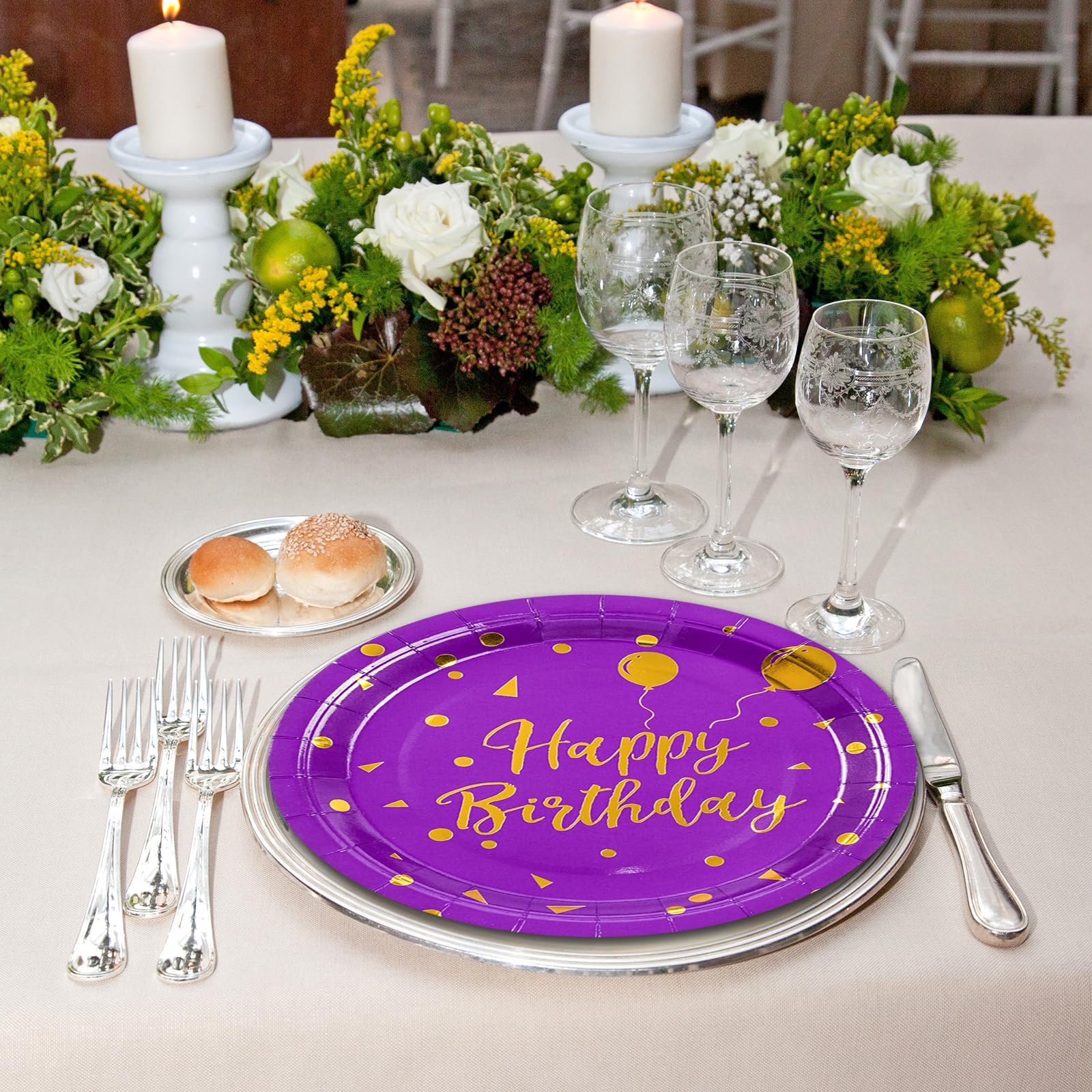 50 Pcs Purple and Gold Paper Plates,7 inch Halloween Paper Plates Disposable Happy Birthday Dessert Cake Plate Party Supplies for Halloween Fall Thanksgiving Birthday Wedding Party Decorations