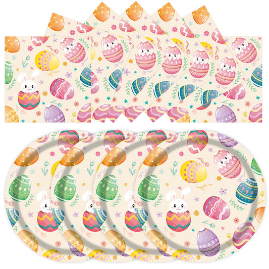 50 Pcs Easter Paper Plates and Napkins, 7 Inch Colorful Bunny & Egg Tableware Set, Serves 25