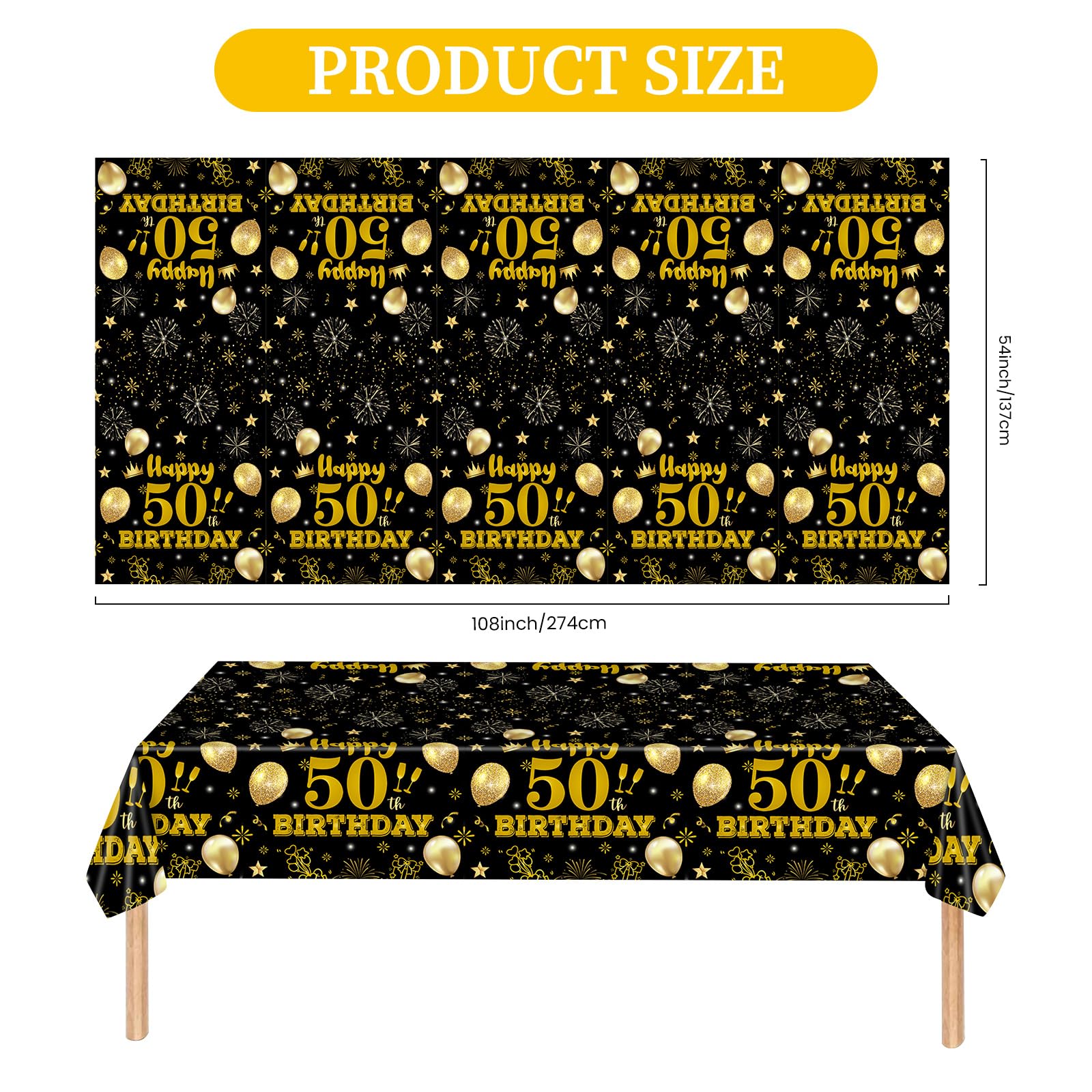 EVYIENEN 2 Pack 50th Birthday Tablecloth,Disposable Black Gold Plastic Waterproof Rectangular Table Covers for Christmas Party Decorations Men Women, 54 x 108 Inch