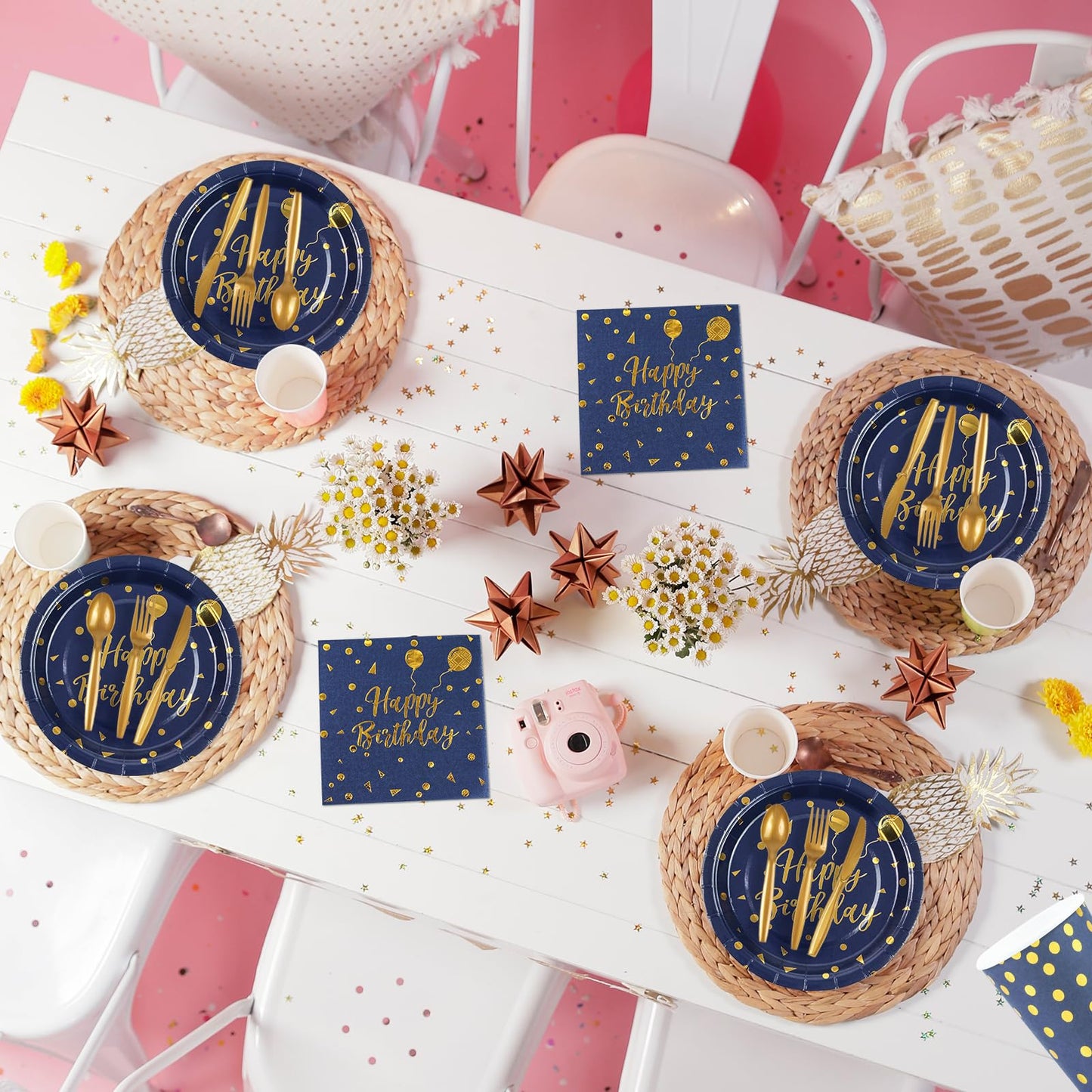 168PCS Happy Birthday Blue and Gold Party Supplies,Disposable Party Decorations Paper Plates Napkins Cups Plastic Forks Knives Spoons for Birthday New Year Wedding,Serve 24