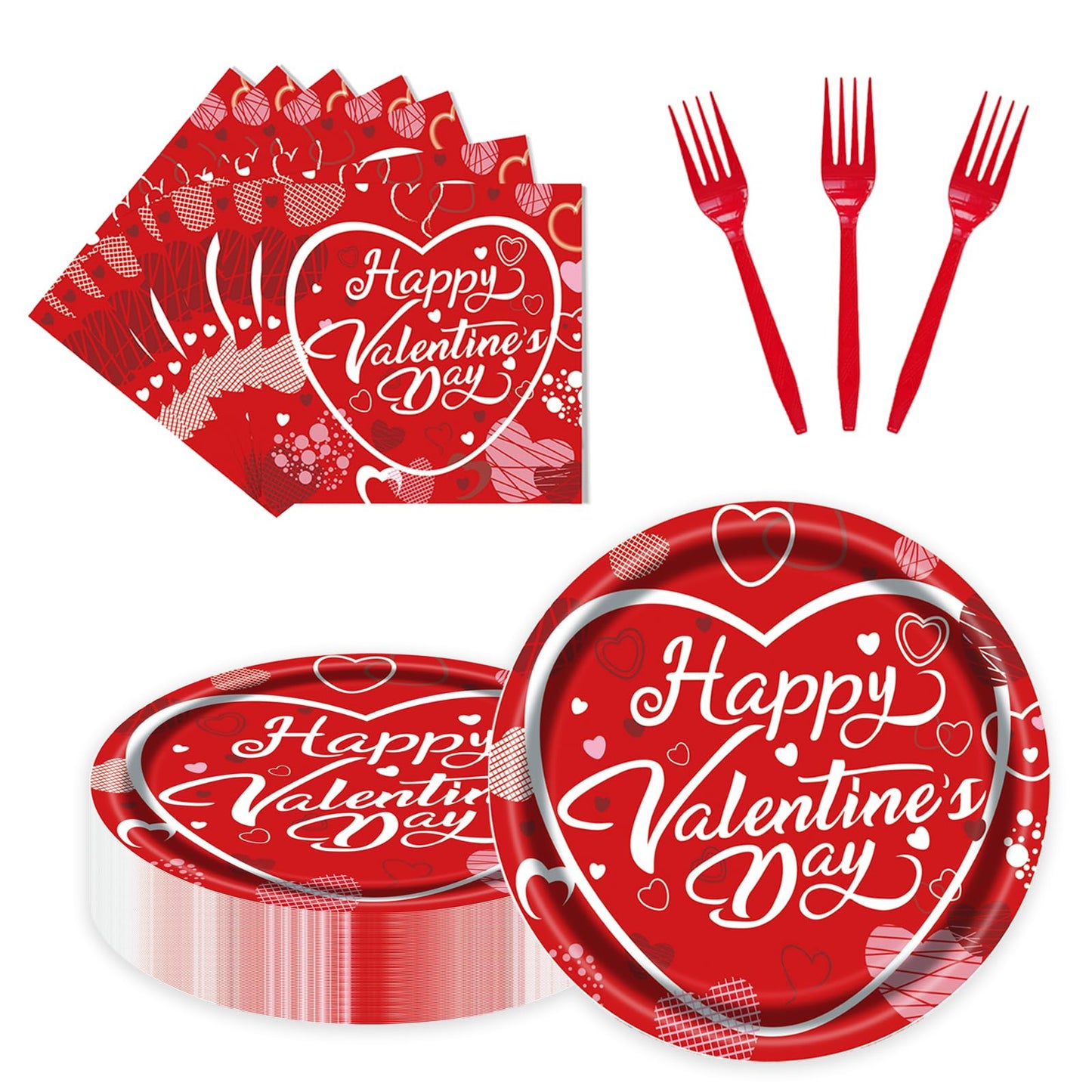 EVYIENEN 75 Pcs Valentine's Paper Plates and Napkins Party Supplies,Red Disposable Paper Plates Napkins and Forks Party Heart Tableware for Valentines Party Engagements Decorations-Serves 25