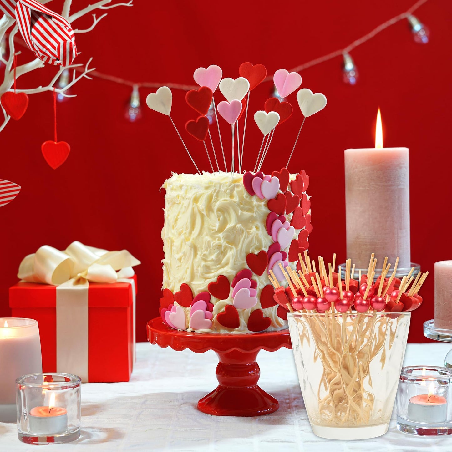 100 pcs Red Heart Shaped Pearl Fancy Cocktail Picks，4.7 Inch Handmade Bamboo Cocktail Toothpicks for Valentines Day Decoration Party Supplies (Red mix)