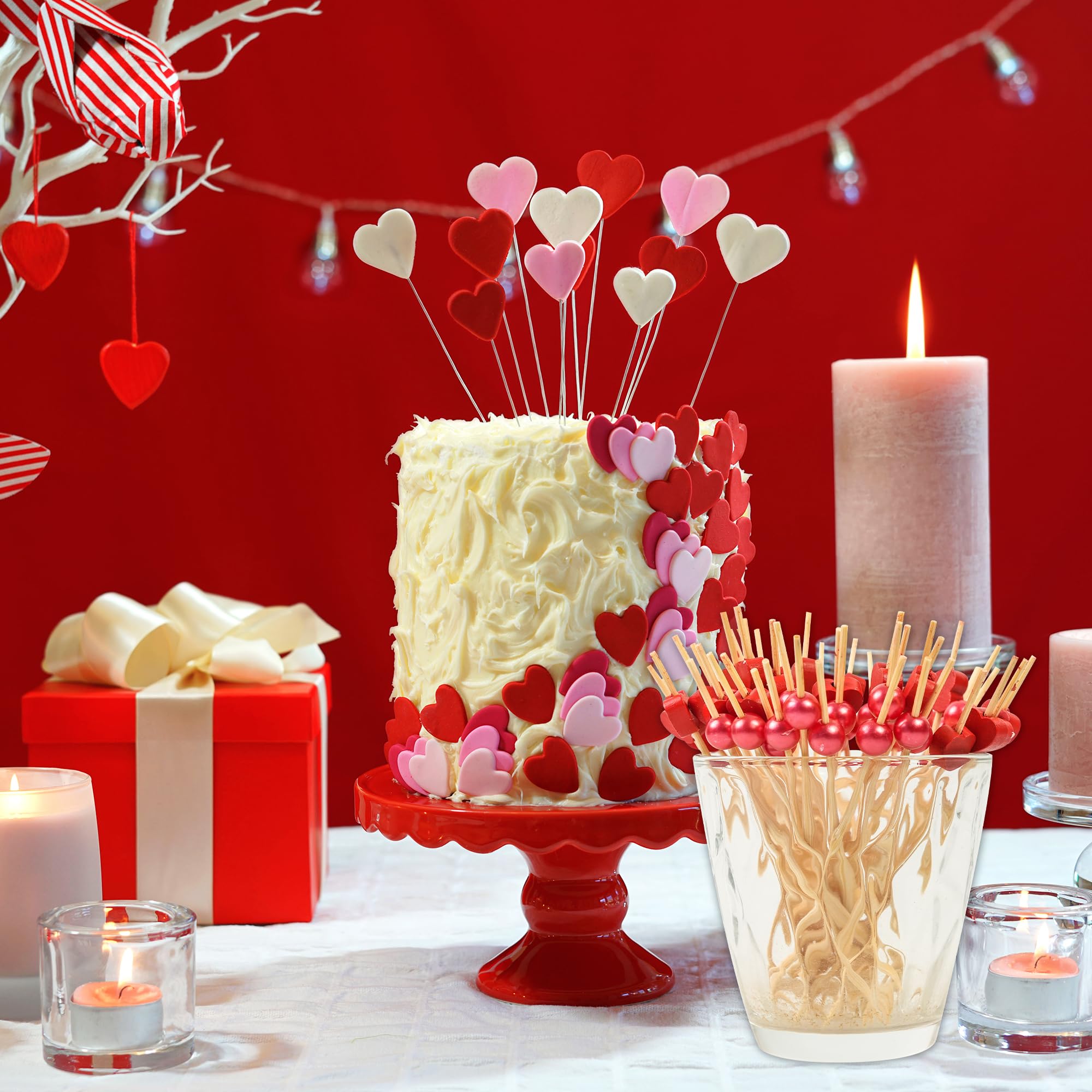 100 pcs Red Heart Shaped Pearl Fancy Cocktail Picks，4.7 Inch Handmade Bamboo Cocktail Toothpicks for Valentines Day Decoration Party Supplies (Red mix)