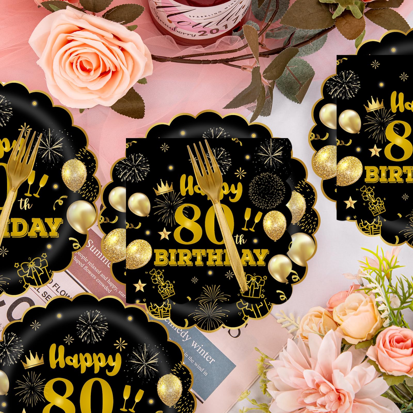 EVYIENEN 75 PCS 80th Birthday Party Supplies Paper Plates and Napkins, Black and Gold 80th Birthday Plates Napkins Tableware Set for Boys Men Tableware Set Decorations