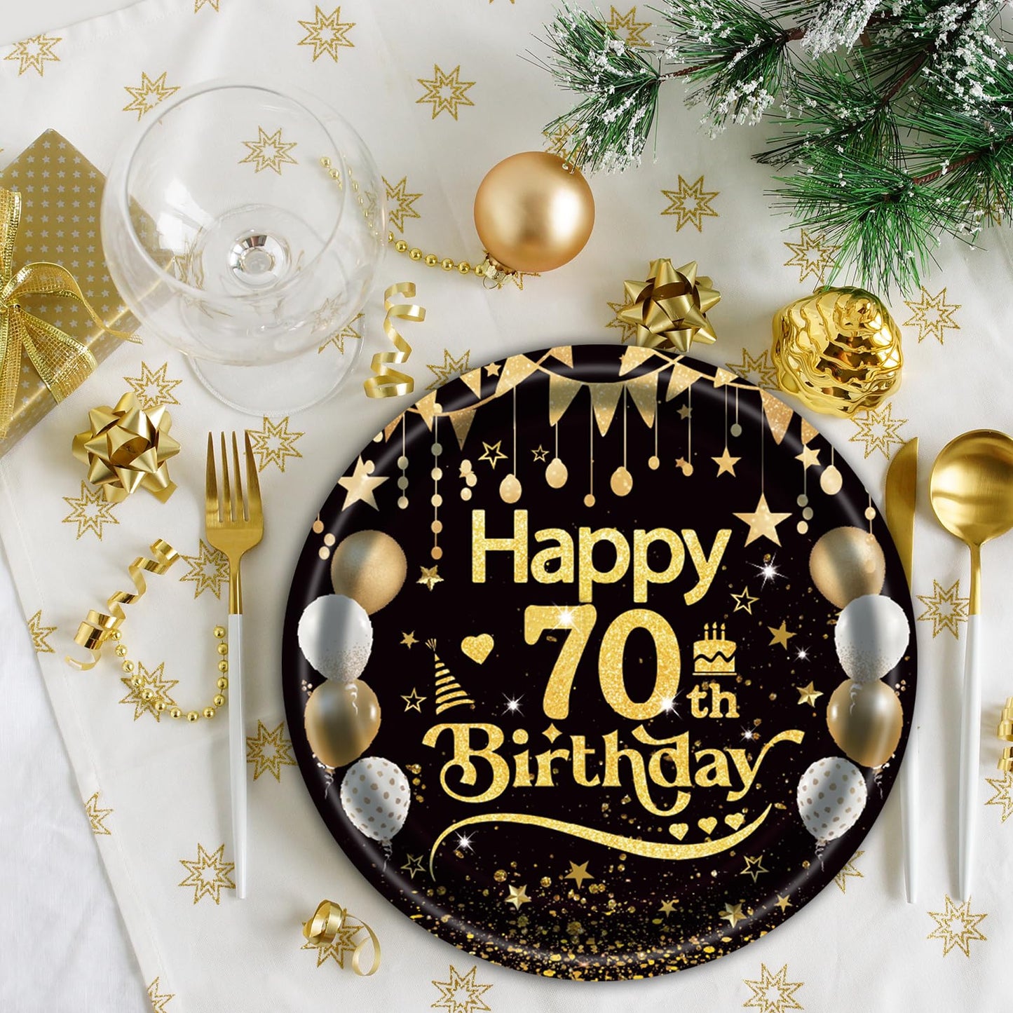 50Pcs 70th Birthday Paper Plates, 9 Inch Black and Gold Disposable Dessert Plates for Men and Women, 70th Birthday and Wedding Party