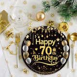 50Pcs 70th Birthday Paper Plates, 9 Inch Black and Gold Disposable Dessert Plates for Men and Women, 70th Birthday and Wedding Party