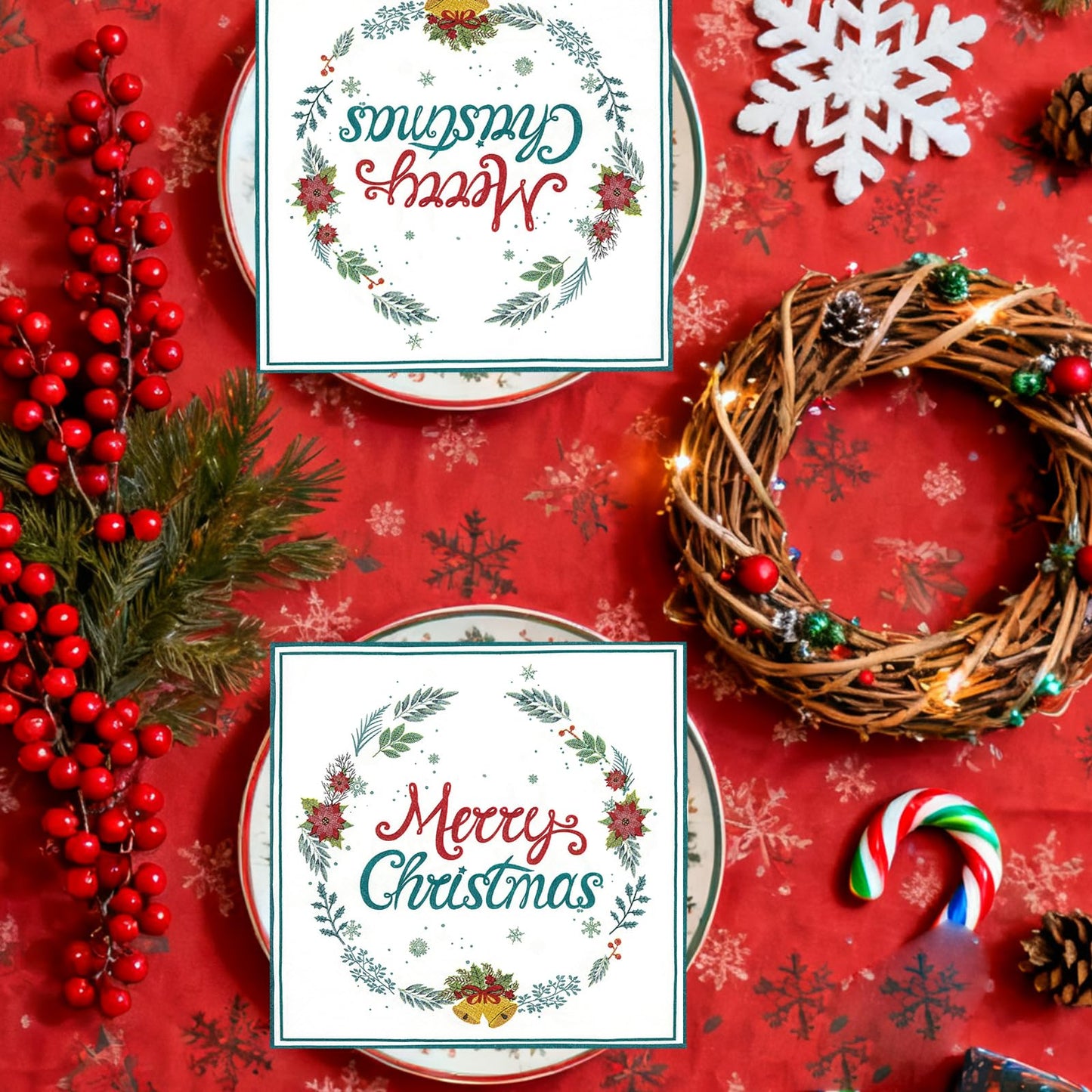 50pcs Merry Christmas Napkins Paper,13 x 13 Inch Disposable Christmas Cocktail Napkins,Holly Leaves Red Berries Napkin Dinnerware Sets for Winter Xmas Party Table Decorations Supplies Favors