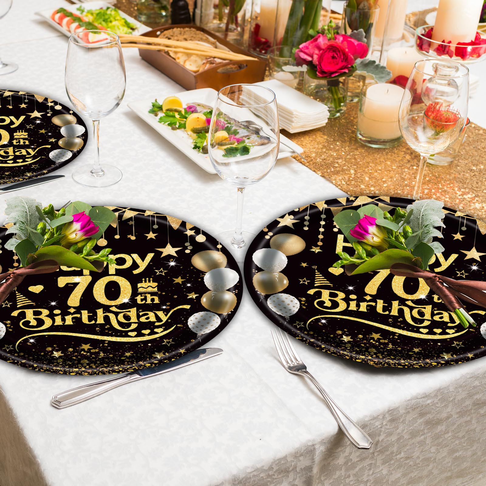 EVYIENEN 50Pcs 70th Birthday Party Paper Plates,7inch Disposable Black and Gold Dessert Party Plates Party Decorations for Men Woman 70th Happy Birthday Wedding Party Supplies