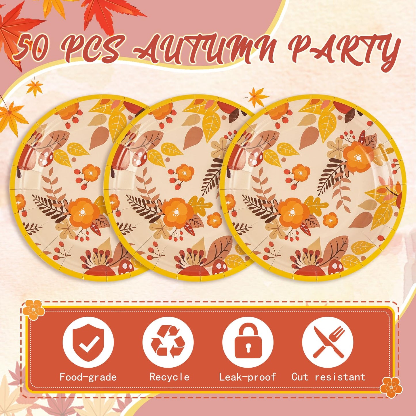 50 Pack Fall Paper Plates,7inch Disposable Fall Maple Leaf Paper Dinner Party Plates for Thanksgiving Birthday Holiday Family Gatherings Parties (Maple Leaf)