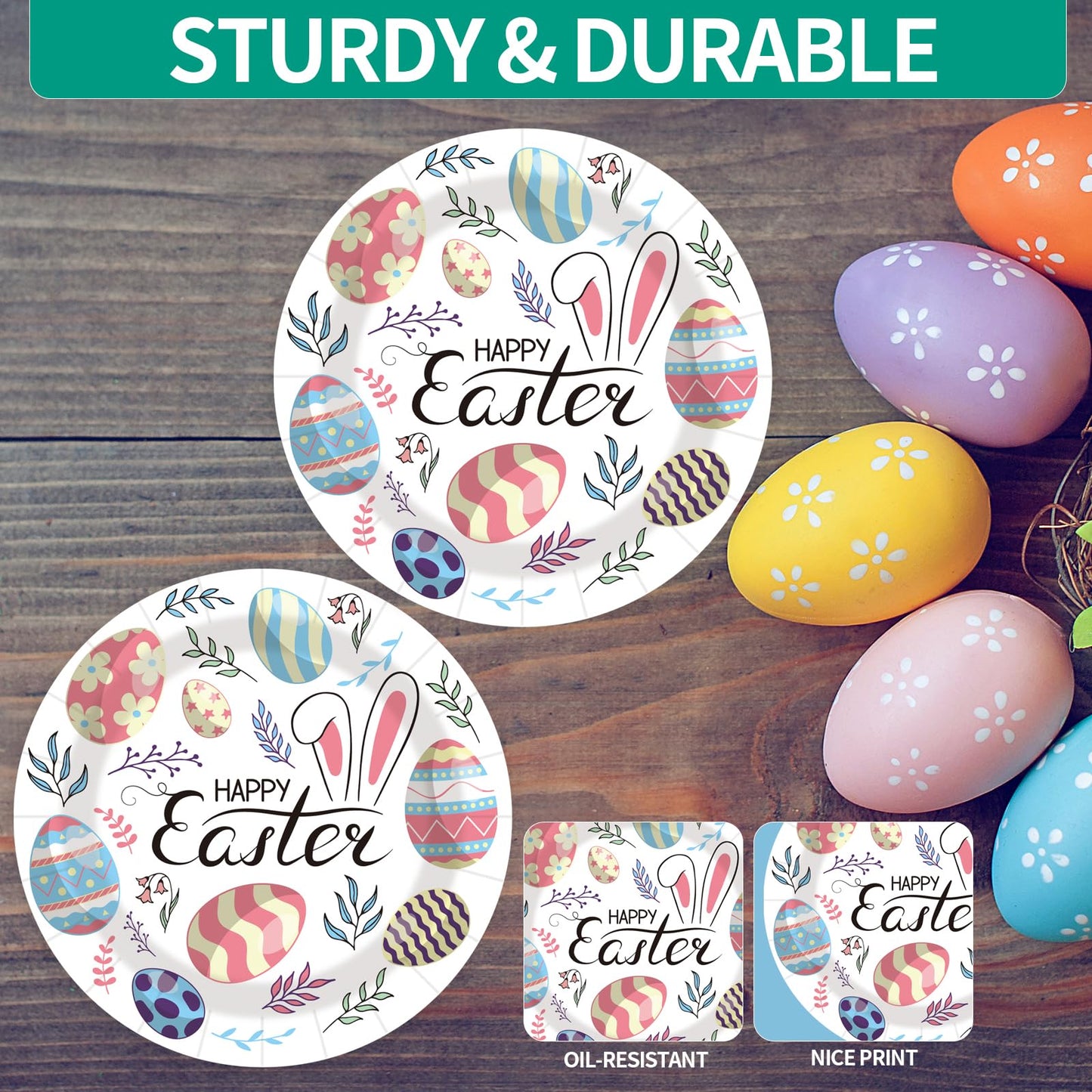 50PCS Happy Easter Bunny Paper Plates, 7-Inch Colorful Dessert Plates for Spring Parties & Table Decorations
