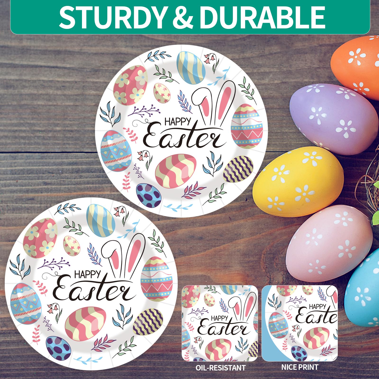 50PCS Happy Easter Bunny Paper Plates, 7-Inch Colorful Dessert Plates for Spring Parties & Table Decorations