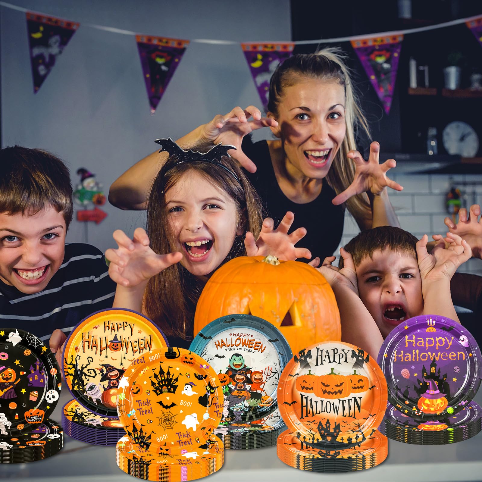EVYIENEN 60 PCS Halloween Paper Plates,7 inch Paper Plates Pumpkin Monster Bat Skull and Ghost Disposable Cake Dessert Plate for Halloween Party Dinner Tableware Decoration Supplies