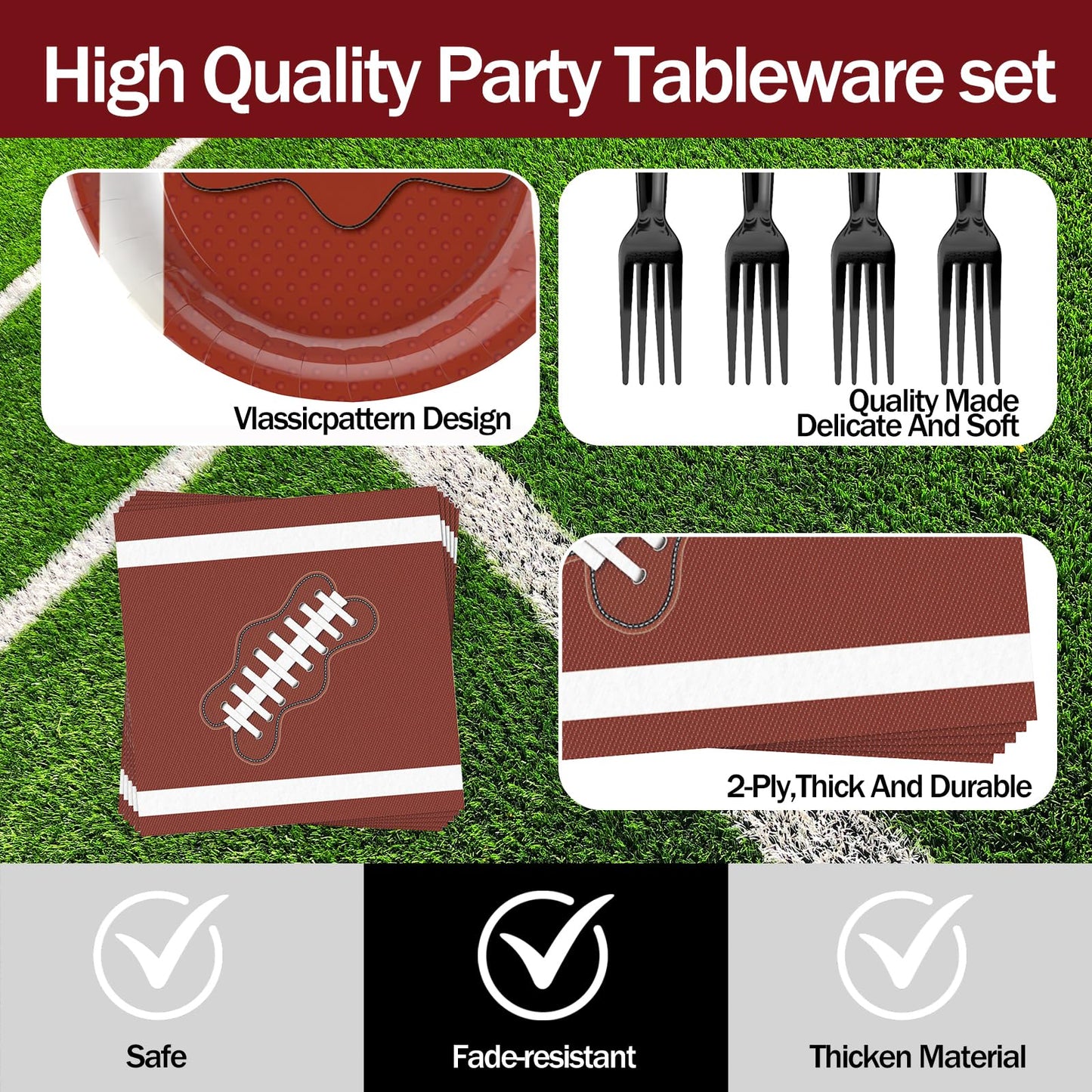 EVYIENEN 75PCS Football Paper Plates and Napkins Party Supplies,7 Inch Disposable Tableware Set Forks Sport Birthday Party Dinnerware for Kits Serve 25 Guests