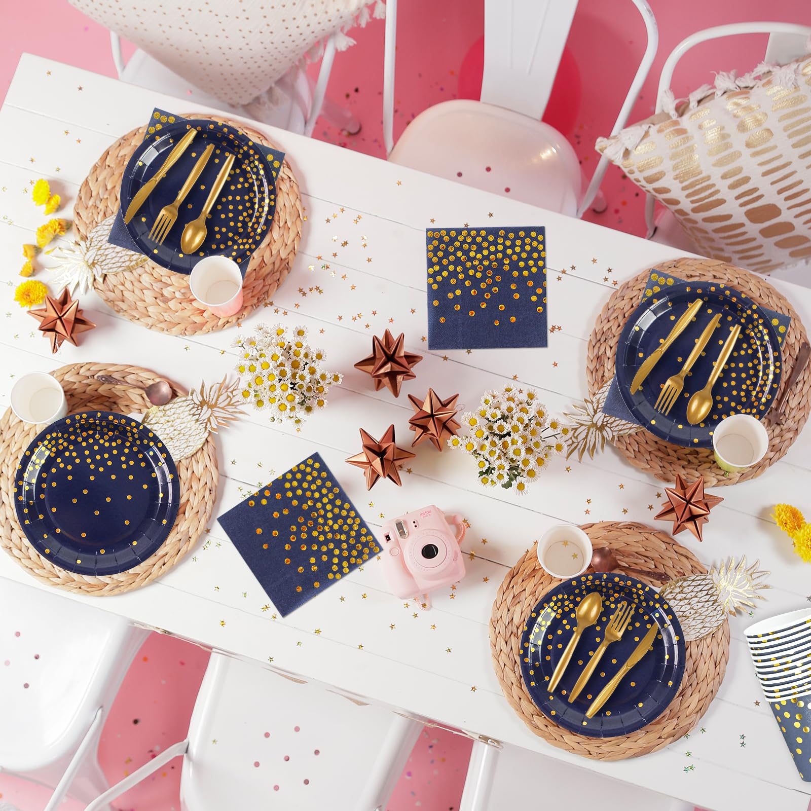 168PCS Blue and Gold Party Supplies,Disposable Party Decorations Paper Plates Napkins Cups Plastic Forks Knives Spoons for Birthday New Year Wedding,Serve 24
