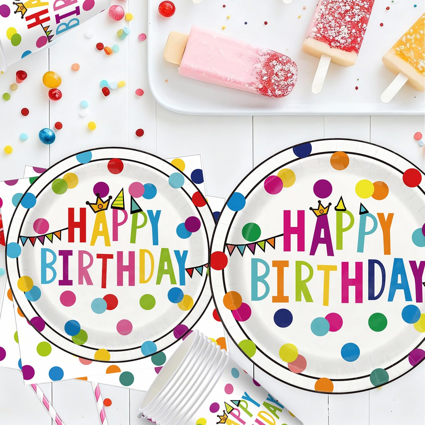 Birthday Plates & Napkins Party supplies - 175Pcs Happy Birthday Paper Plates and Napkins Sets, Disposable Happy Birthday Dots Tableware Set for Boys and Girls Party Decorations, Serves 25