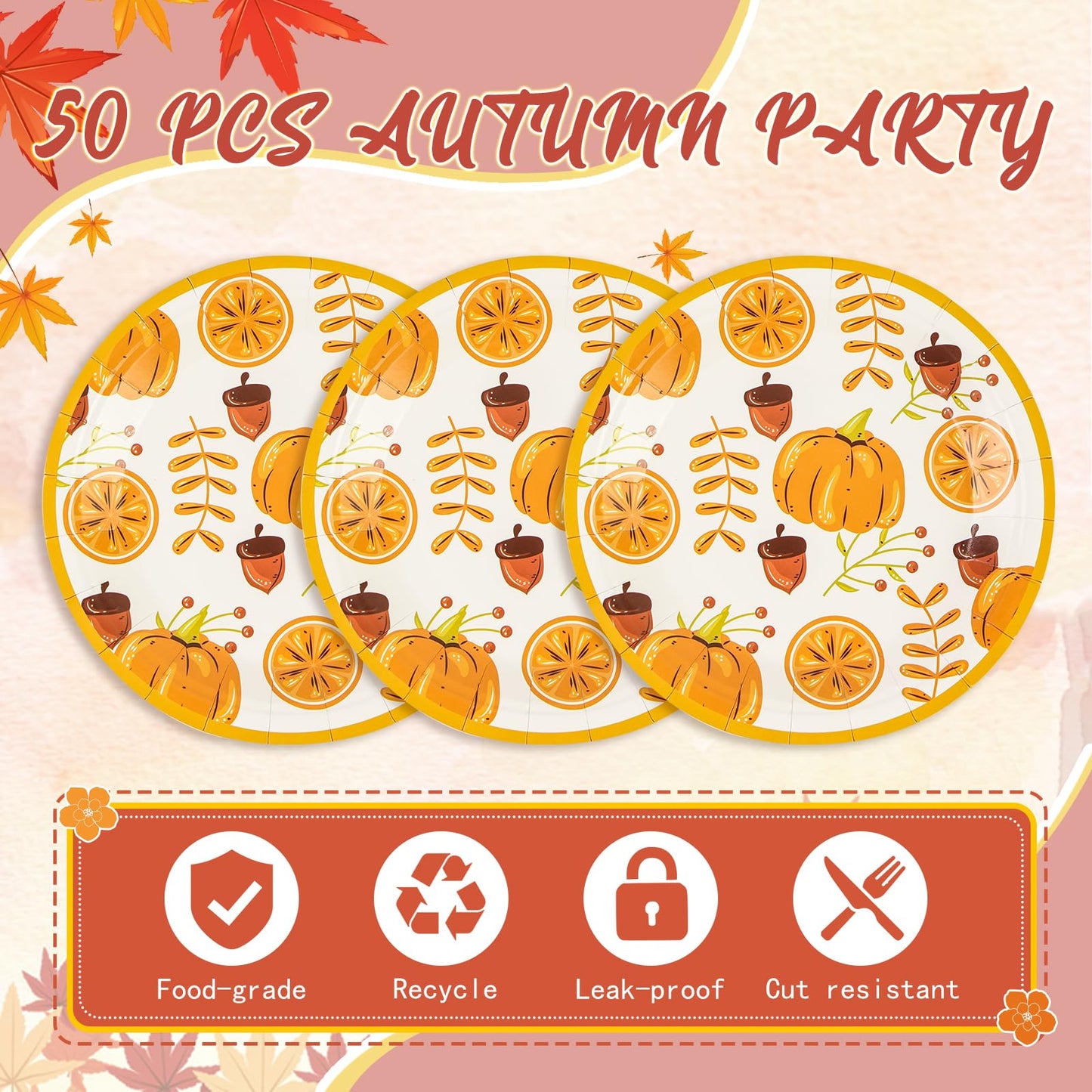 50 Pack Fall Paper Plates,7inch Disposable Fall Maple Leaf Paper Dinner Party Plates for Thanksgiving Pumpkins Birthday Holiday Family Gatherings Parties (Pumpkins)