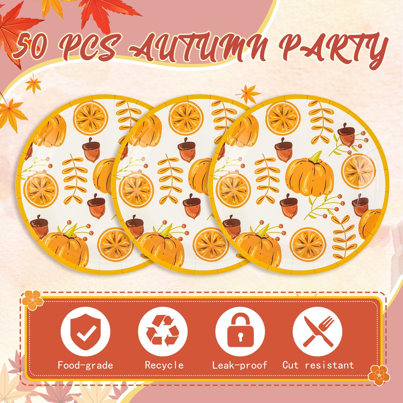 50 Pack Fall Paper Plates,7inch Disposable Fall Maple Leaf Paper Dinner Party Plates for Thanksgiving Pumpkins Birthday Holiday Family Gatherings Parties (Pumpkins)