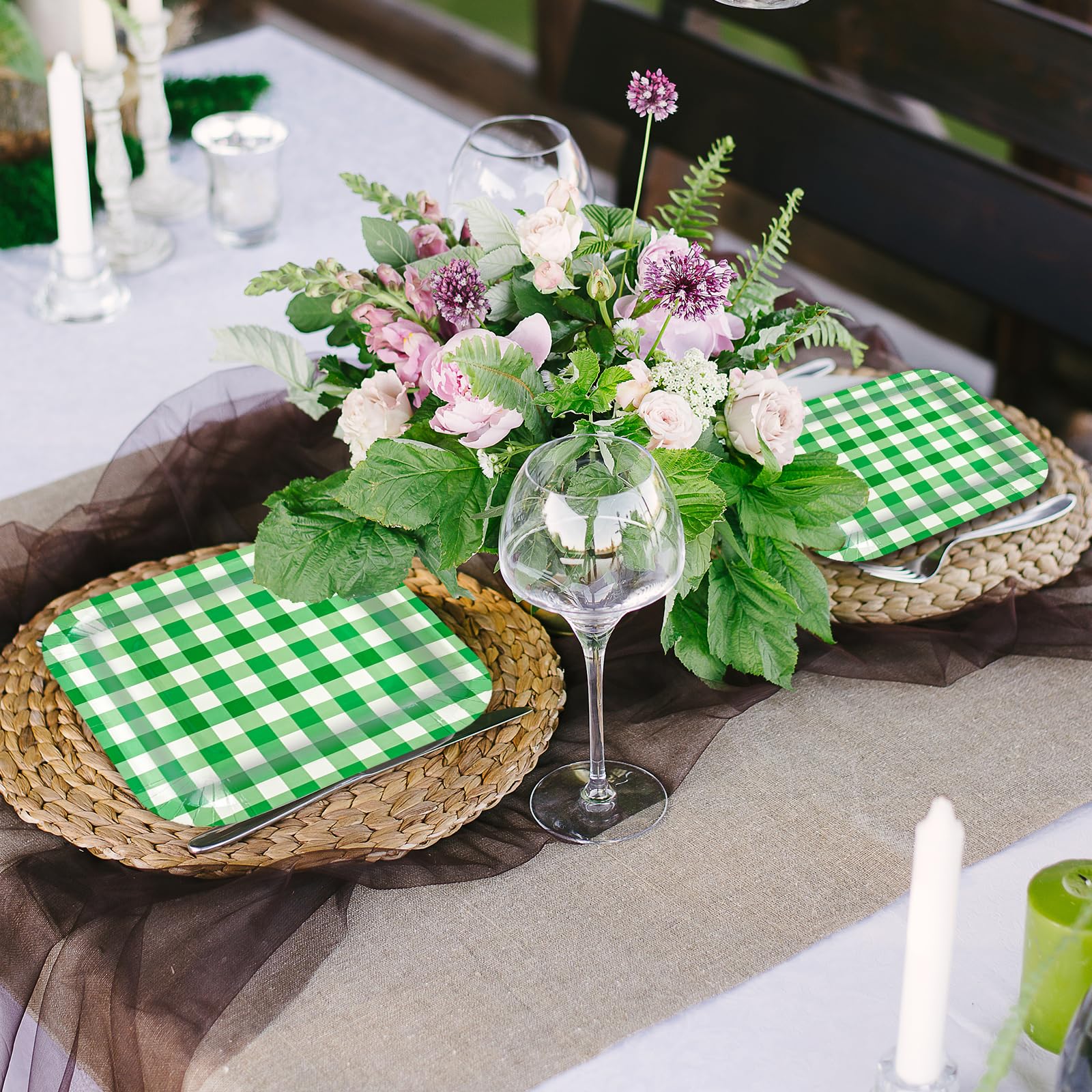50Pcs Green Striped Paper Plates, 7 Inch Disposable Square Dinner and Dessert Plates for Birthday, Wedding and Baby Shower