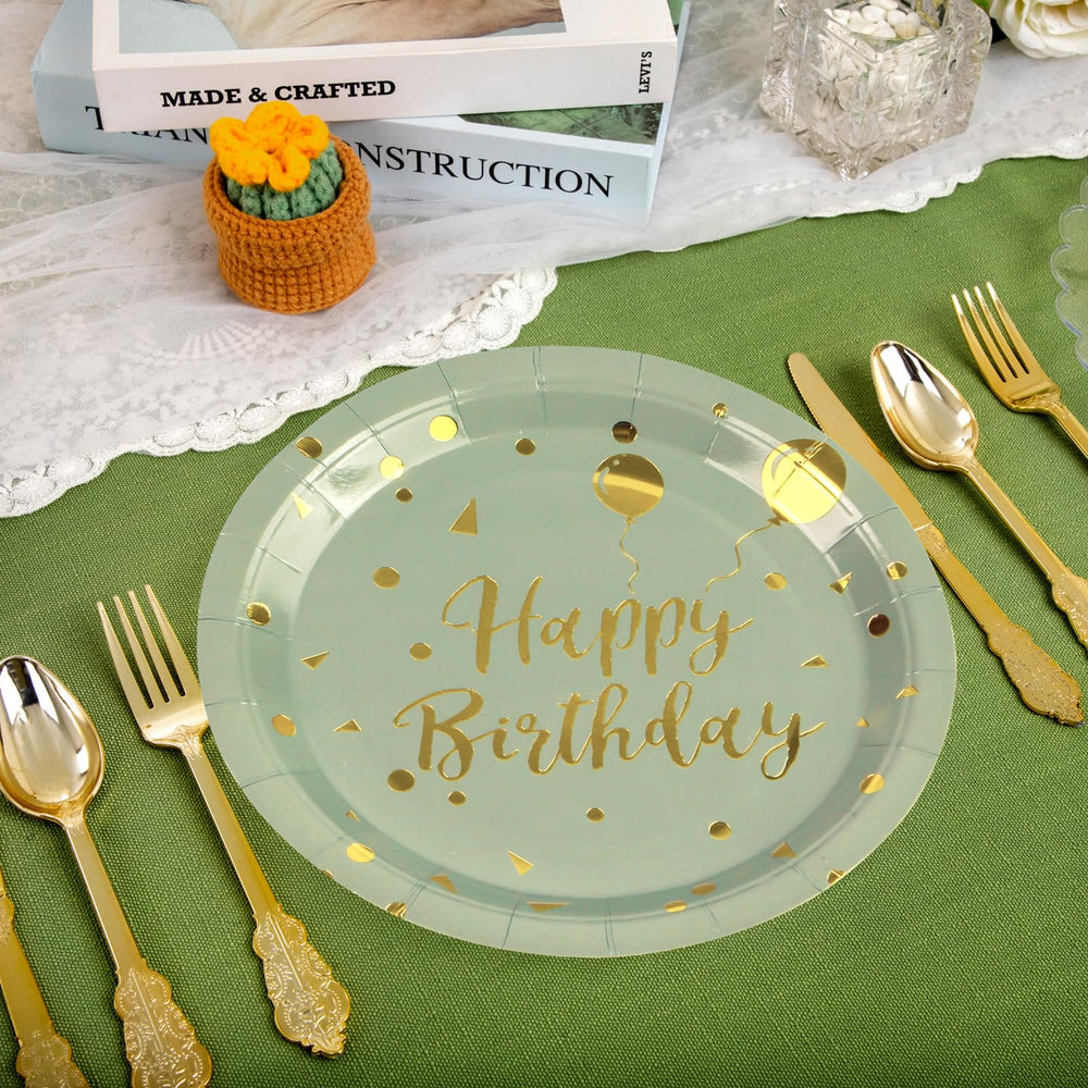 50 Pack Sage Green and Gold Happy Birthday Paper Plates, 7 inch Metallic Foil Polka Dots Disposable Dessert Party Supplies Plates for Graduation St Patricks Wedding Holiday Christma Party Decorations — image 5