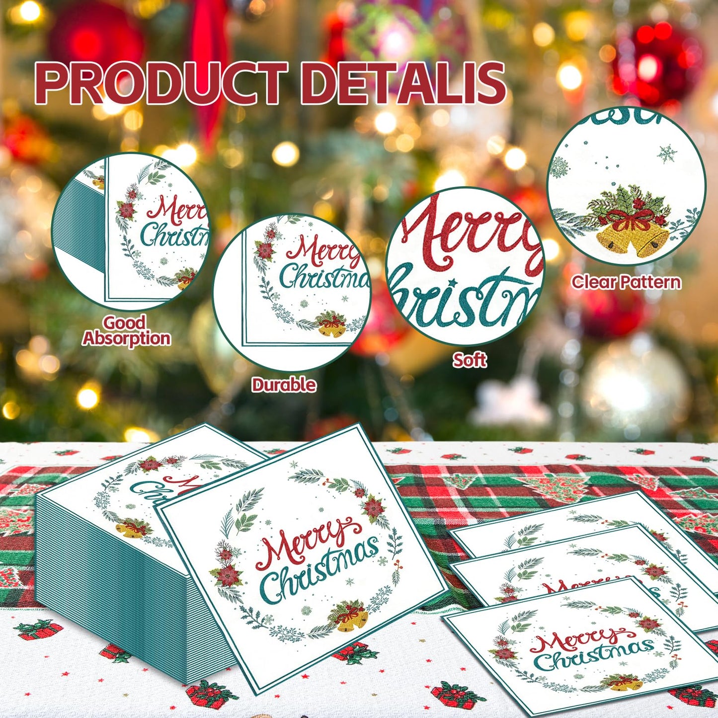 50pcs Merry Christmas Napkins Paper,13 x 13 Inch Disposable Christmas Cocktail Napkins,Holly Leaves Red Berries Napkin Dinnerware Sets for Winter Xmas Party Table Decorations Supplies Favors
