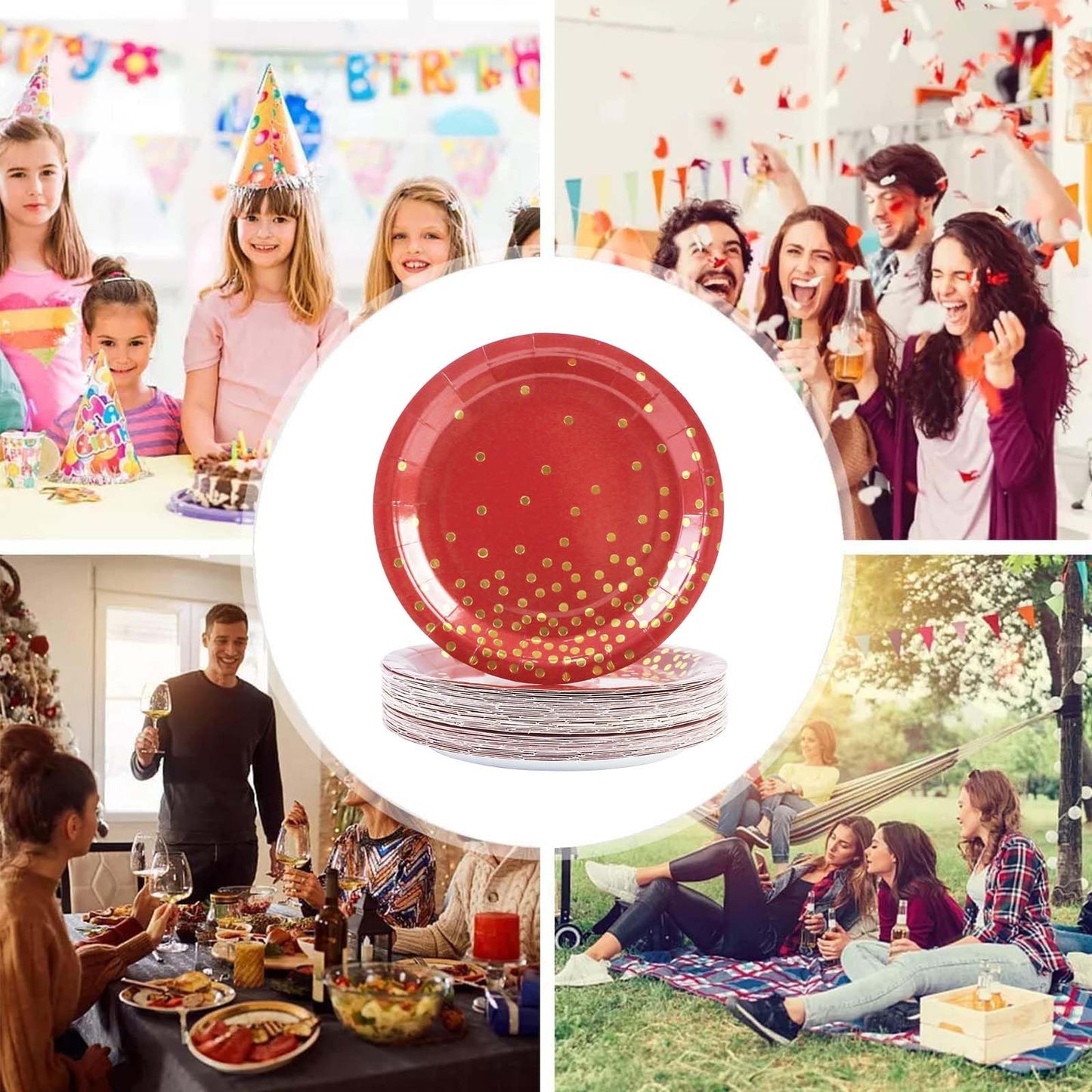 EVYIENEN 50 Pack Red and Gold Paper Plates, 7 inch Metallic Foil Polka Dots Disposable Dessert Party Plates, Perfect for Graduation, Birthday, Weddings, Holiday, Christmas