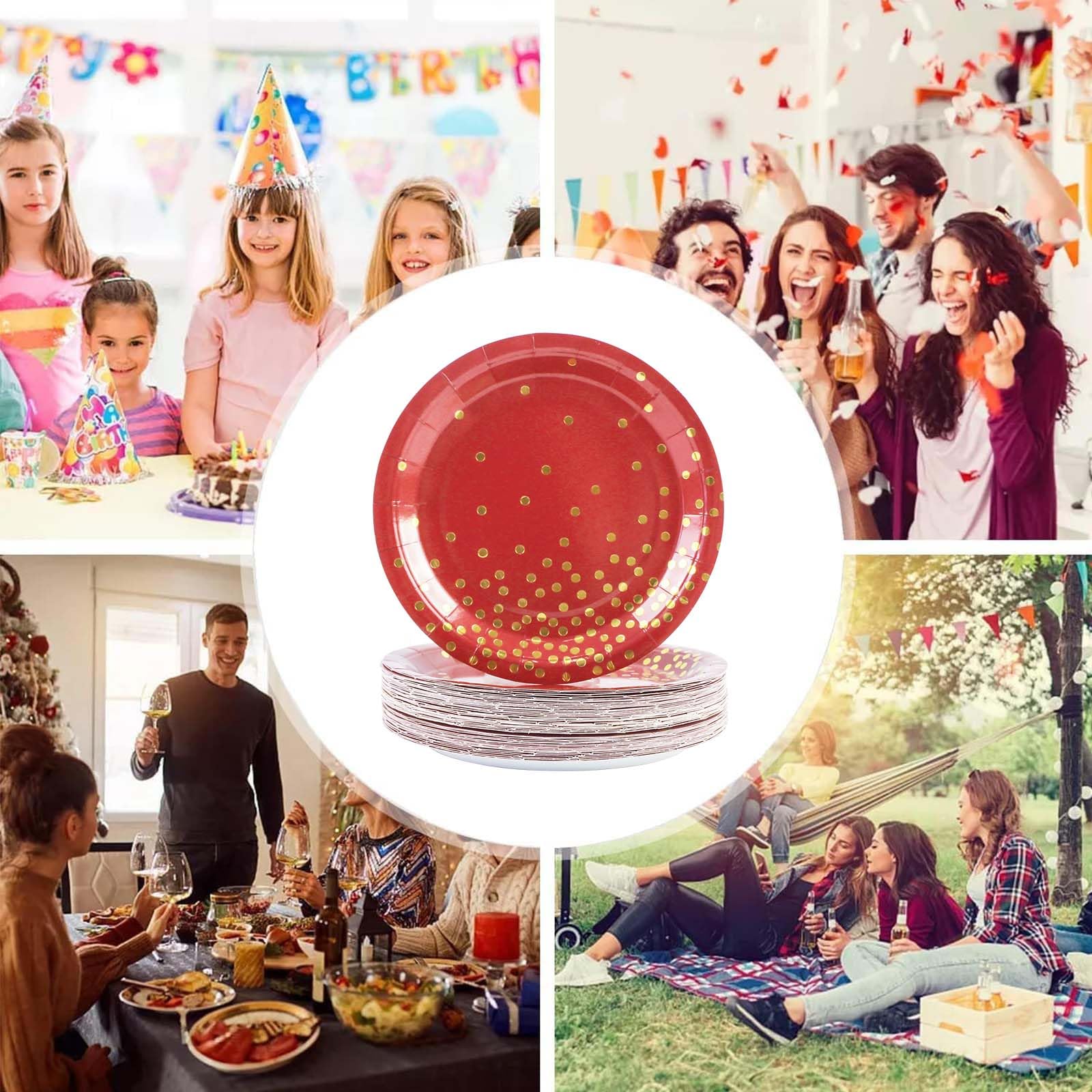 EVYIENEN 50 Pack Red and Gold Paper Plates, 7 inch Metallic Foil Polka Dots Disposable Dessert Party Plates, Perfect for Graduation, Birthday, Weddings, Holiday, Christmas