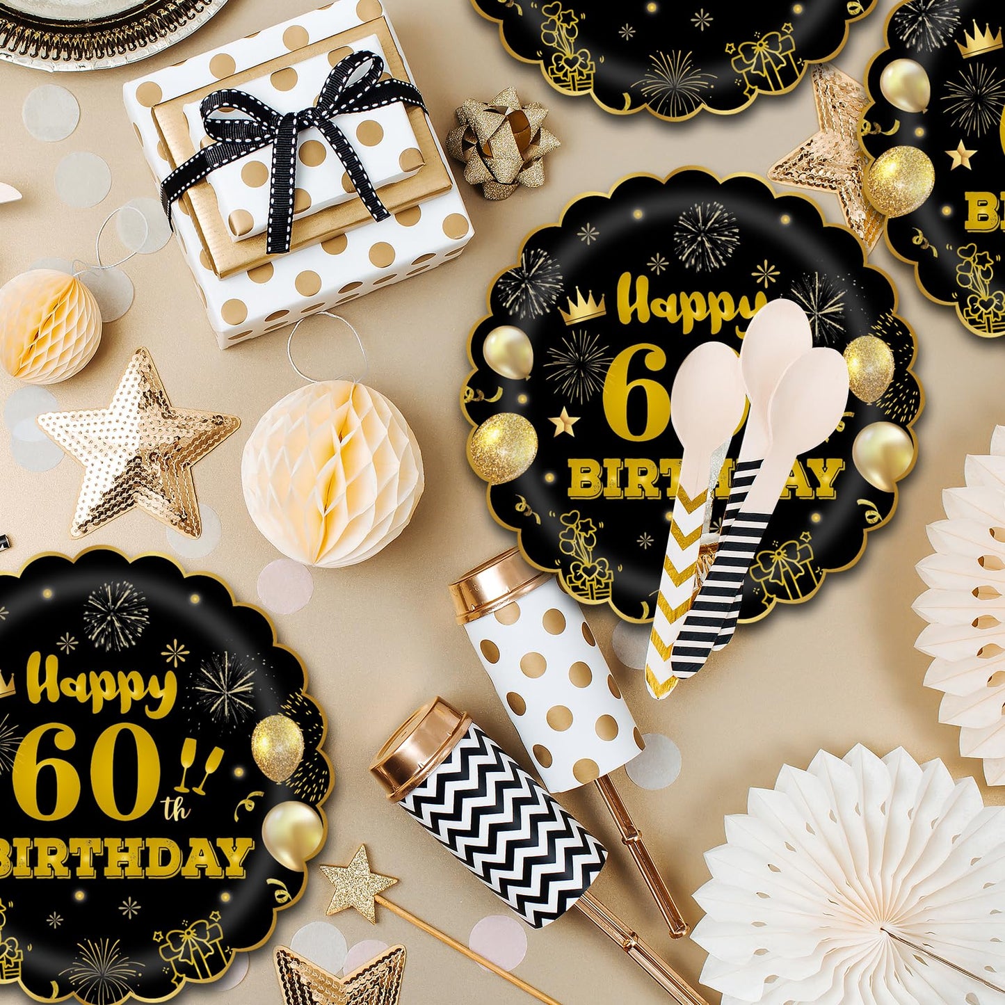 EVYIENEN 50Pcs 60th Birthday Party Paper Plates,7inch Disposable Black and Gold Scalloped Dessert Party Plates for Birthday Wedding Anniversary Reception Event Decorations