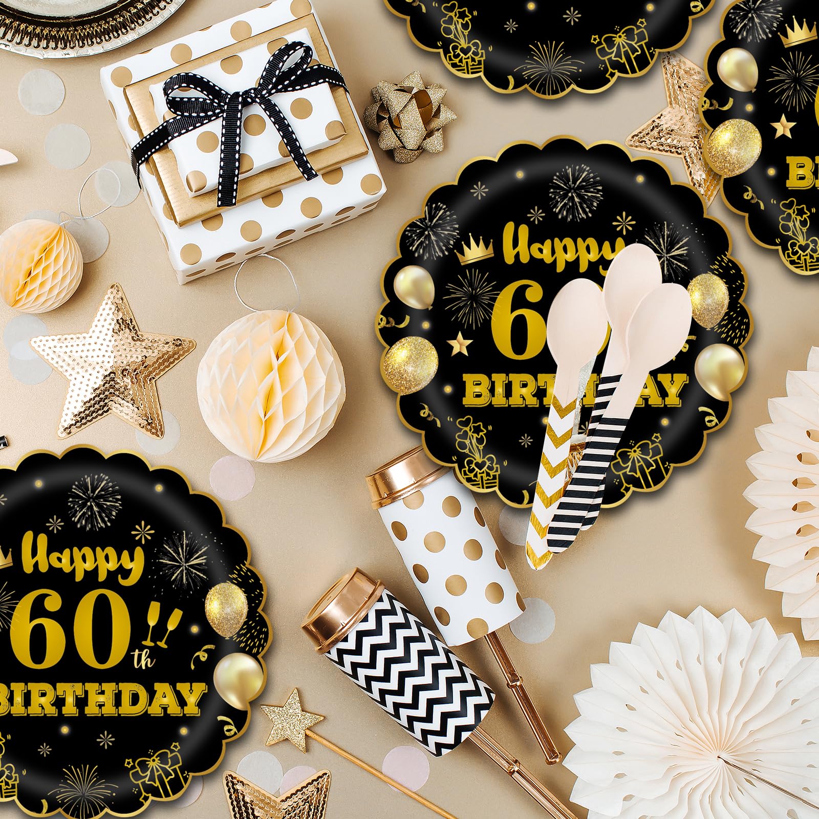 EVYIENEN 50Pcs 60th Birthday Party Paper Plates,7inch Disposable Black and Gold Scalloped Dessert Party Plates for Birthday Wedding Anniversary Reception Event Decorations