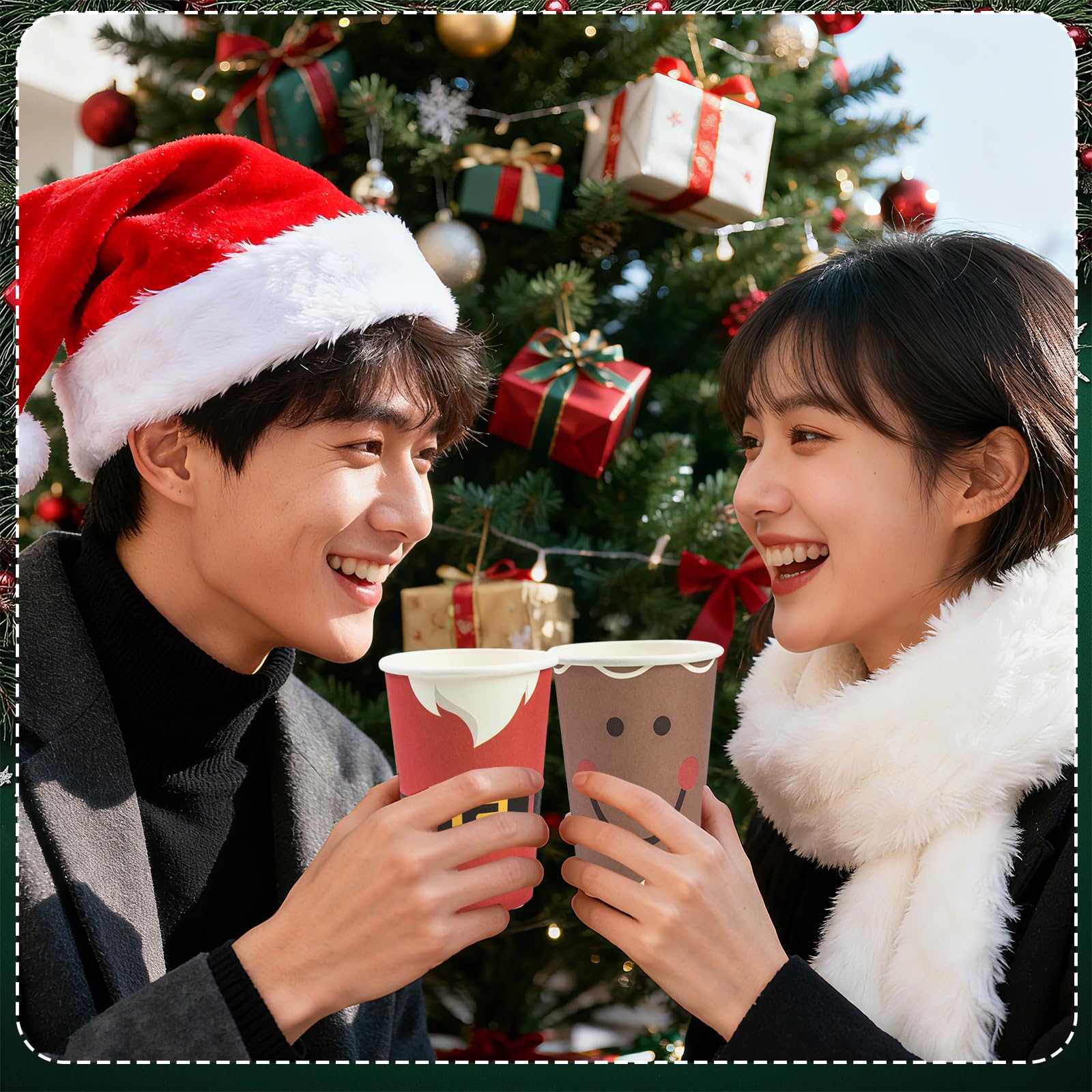EVYIENEN 100 Pcs 9 oz Christmas Paper Cups,Xmas Disposable Coffee Cups,Nowflake Santa Snowman Elk Drinking Coffee Hot ColdTea Paper for Daily Use Holiday, Winter Party