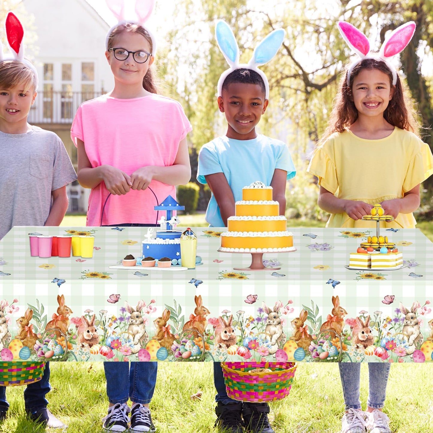 Easter Rectangle Plastic Table Cover, 54x108 Inch Colorful Eggs Bunny and Floral Tablecloth for Easter and Spring Party Decorations