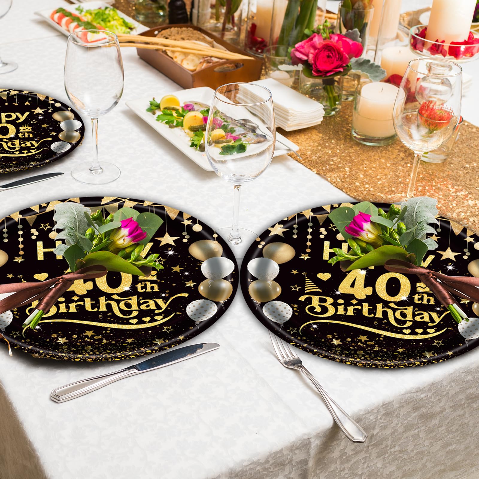 50Pcs 40th Birthday Paper Plates, 9 Inch Black and Gold Disposable Dessert Plates for Men and Women, 40th Birthday and Wedding Party