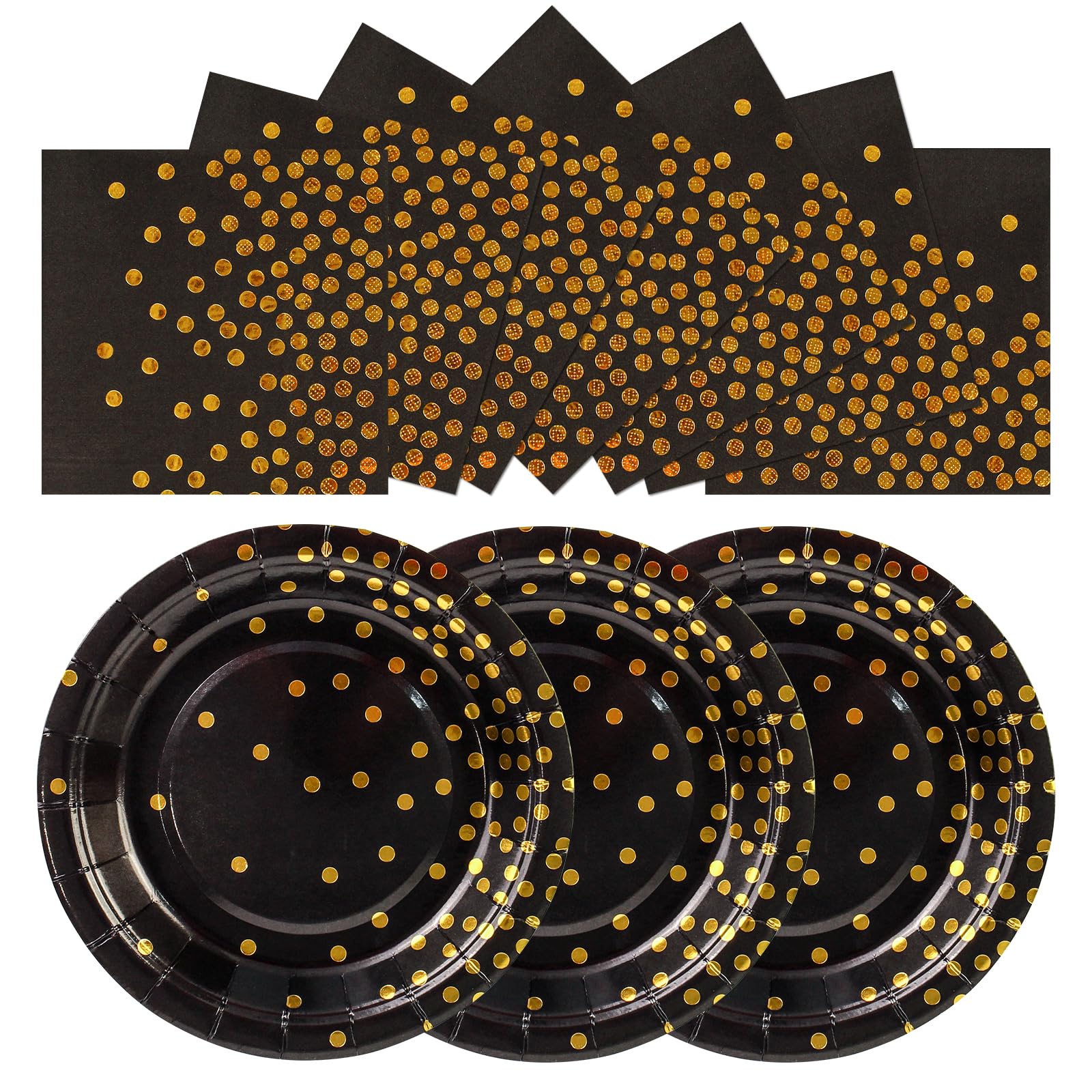 EVYIENEN 50PCS Black and Gold Birthday Dinner Plates and Napkins Party Supplies,25 x 9 Black Gold Foil Decorations Dessert Plates and 25 x 6.5 Napkins for Birthdays New Year Weddings Graduations
