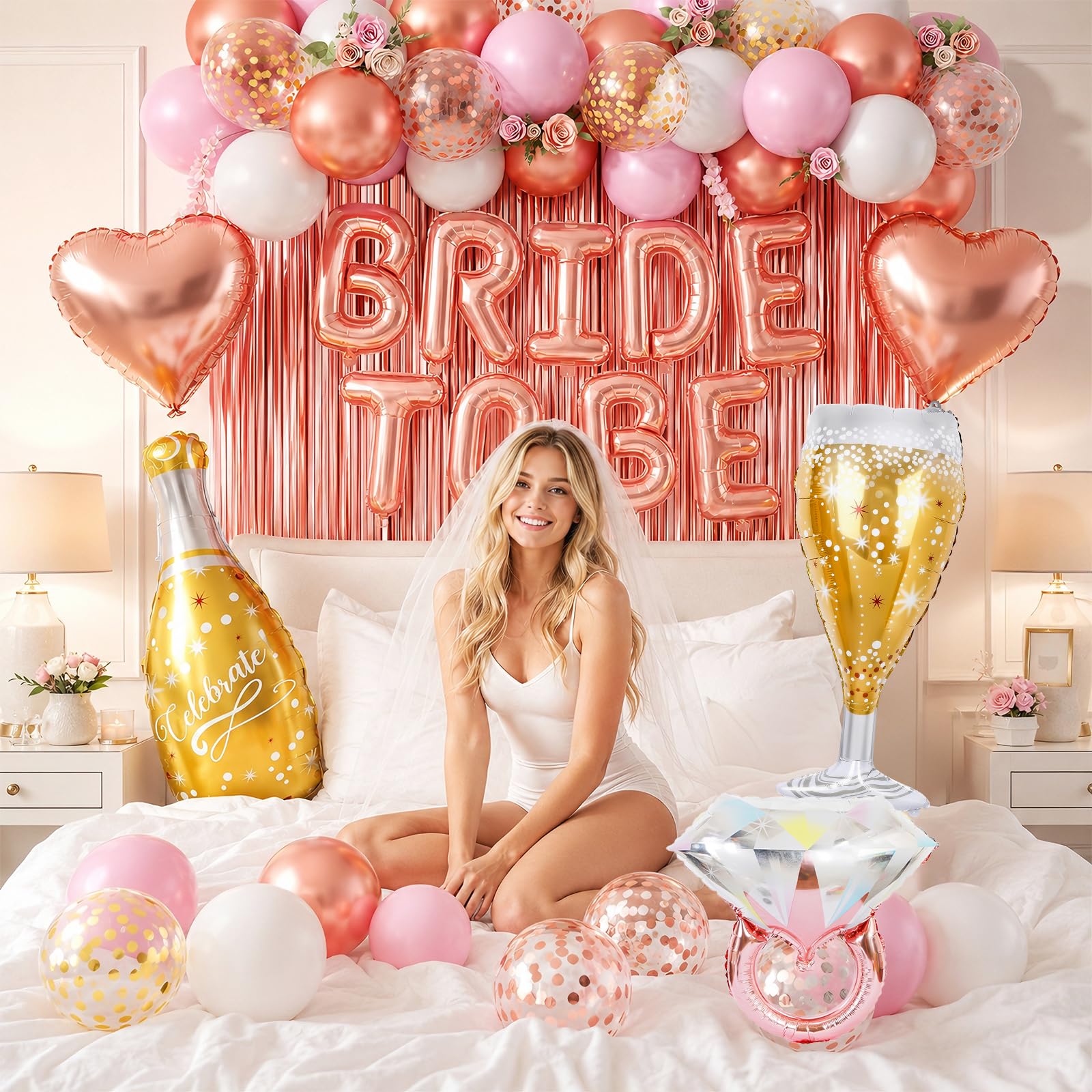 Rose Gold Bachelorette Party Decorations, Bride To Be Bridal Shower Balloons Banner Cake Topper, Pink White Gold Confetti Ring Champagne Bottle Glass Balloons Foil Curtains for Engagement Wedding