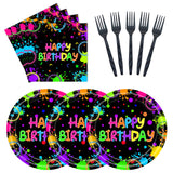 EVYIENEN 75Pcs Neon Birthday Plates and Napkins Party Supplies,7 Inch Neon Paper Plates and 6.5 Inch Napkins with 6.3 Inch Forks Disposable Tableware Set for Birthday Party Decorations,Serve 25