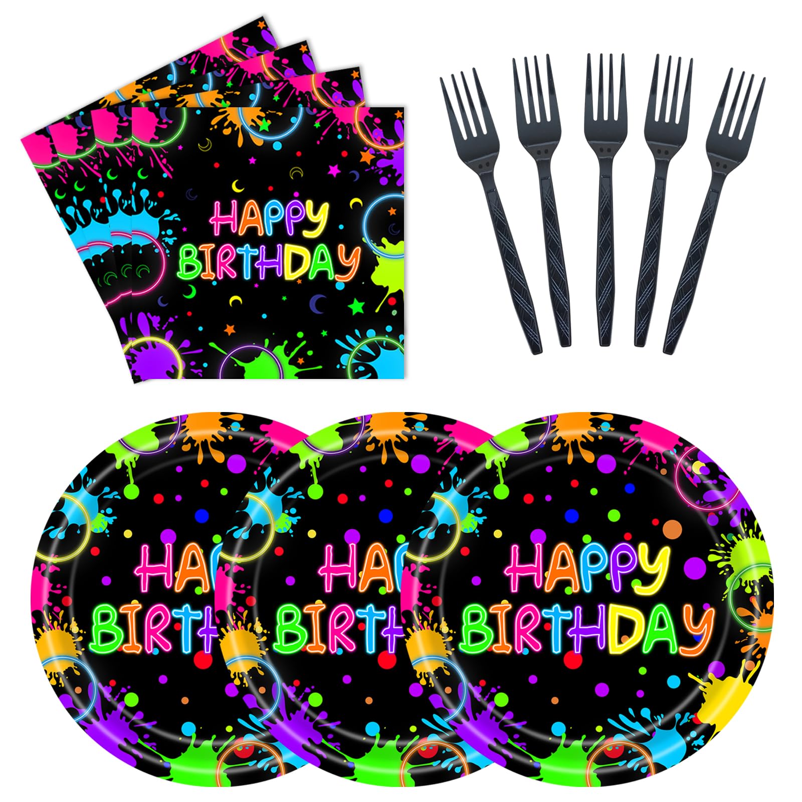 EVYIENEN 75Pcs Neon Birthday Plates and Napkins Party Supplies,7 Inch Neon Paper Plates and 6.5 Inch Napkins with 6.3 Inch Forks Disposable Tableware Set for Birthday Party Decorations,Serve 25