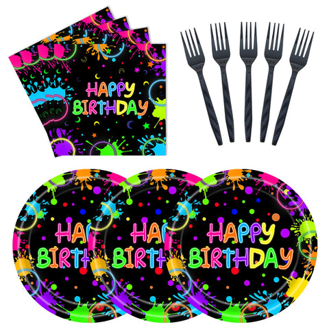 EVYIENEN 75Pcs Neon Birthday Plates and Napkins Party Supplies,7 Inch Neon Paper Plates and 6.5 Inch Napkins with 6.3 Inch Forks Disposable Tableware Set for Birthday Party Decorations,Serve 25